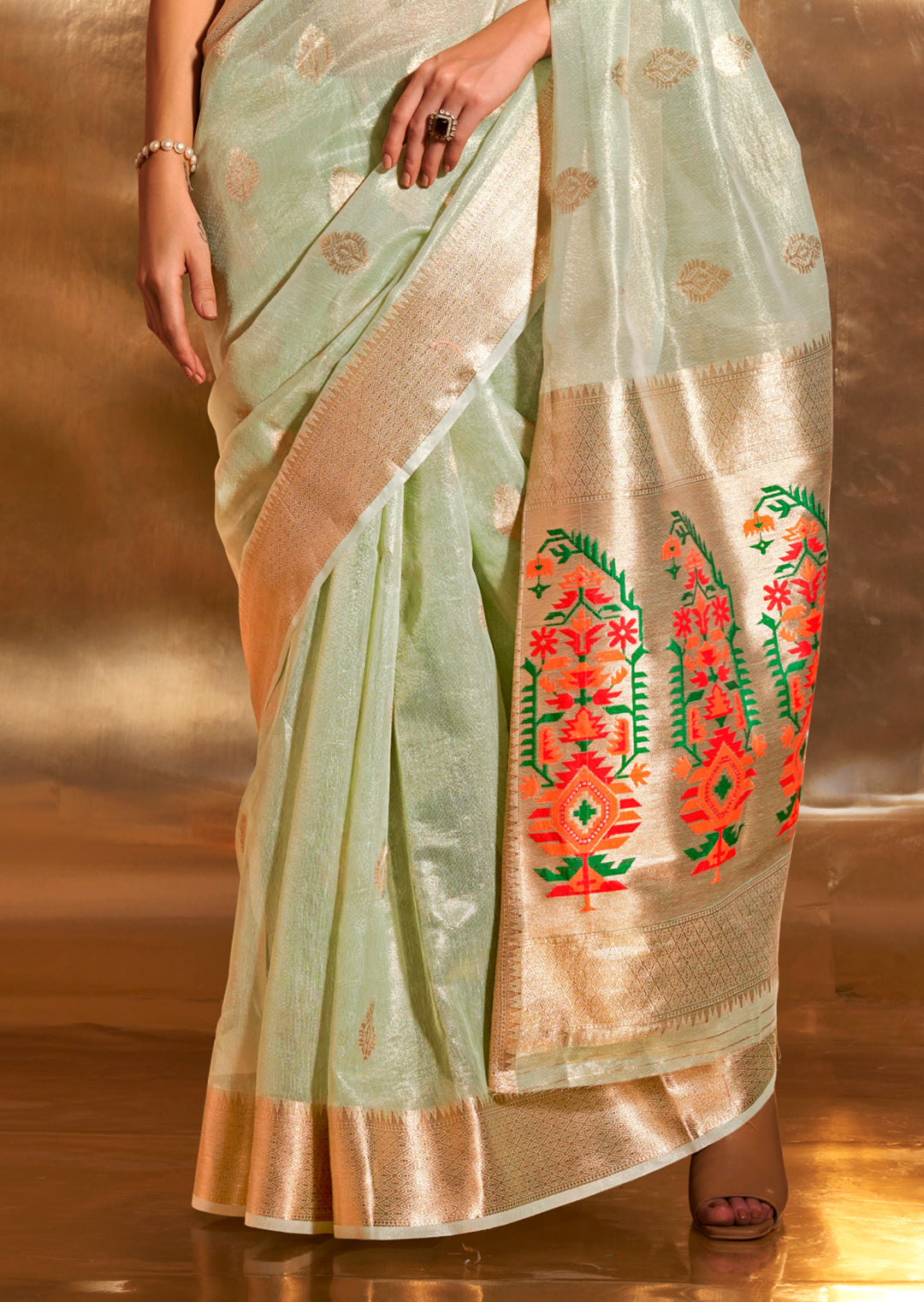 Mint Green Zari Woven Pure Paithani Tissue Silk Saree