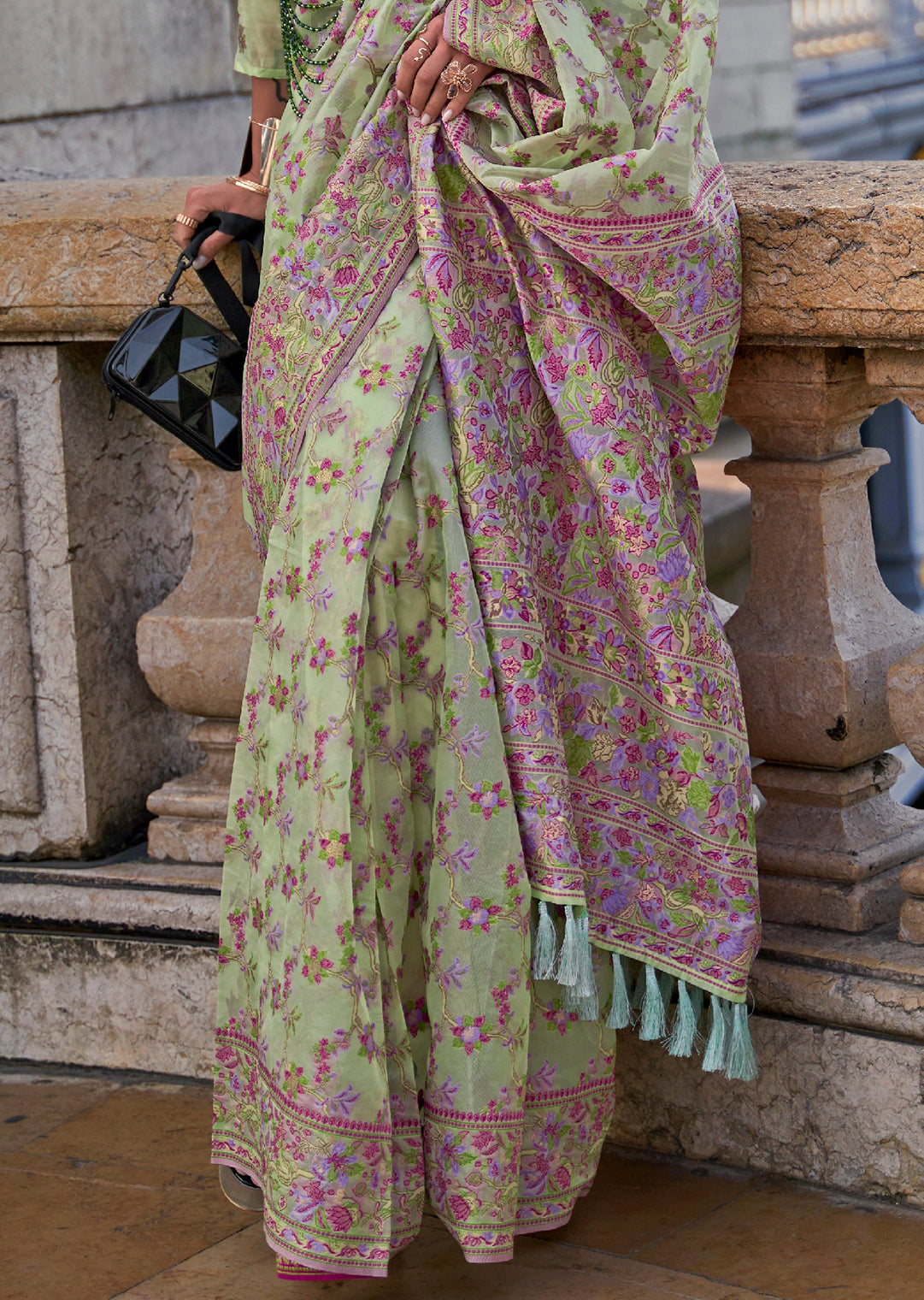 Tea Green Woven Pure Handloom Parsi Organza Silk Saree