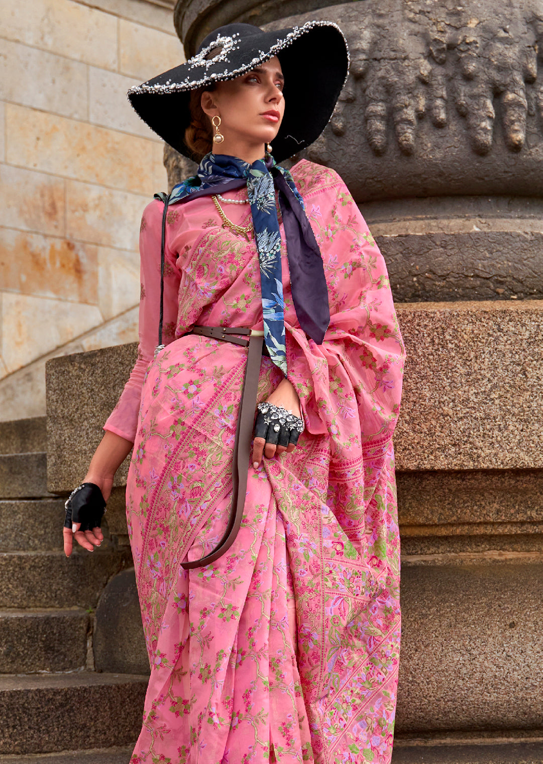 Carnation Pink Woven Pure Handloom Parsi Organza Silk Saree