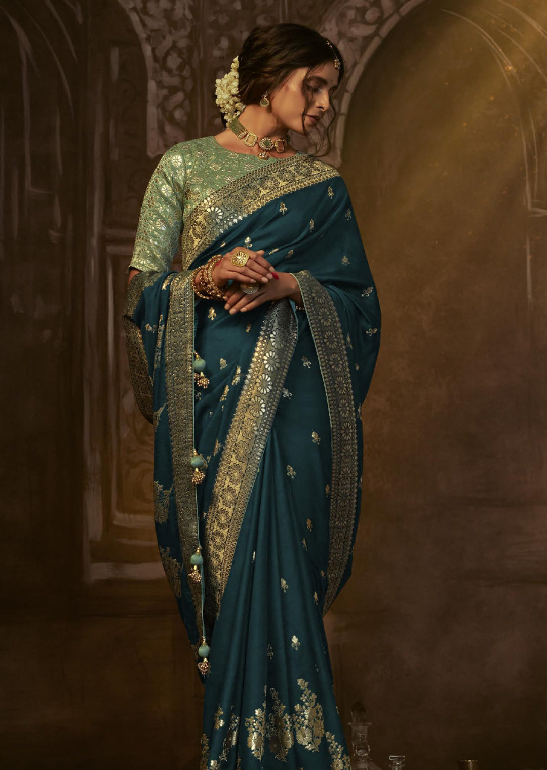 DEEP TEAL BLUE 	WOVEN PURE CREPE SILK DESIGNER BANARASI SAREE