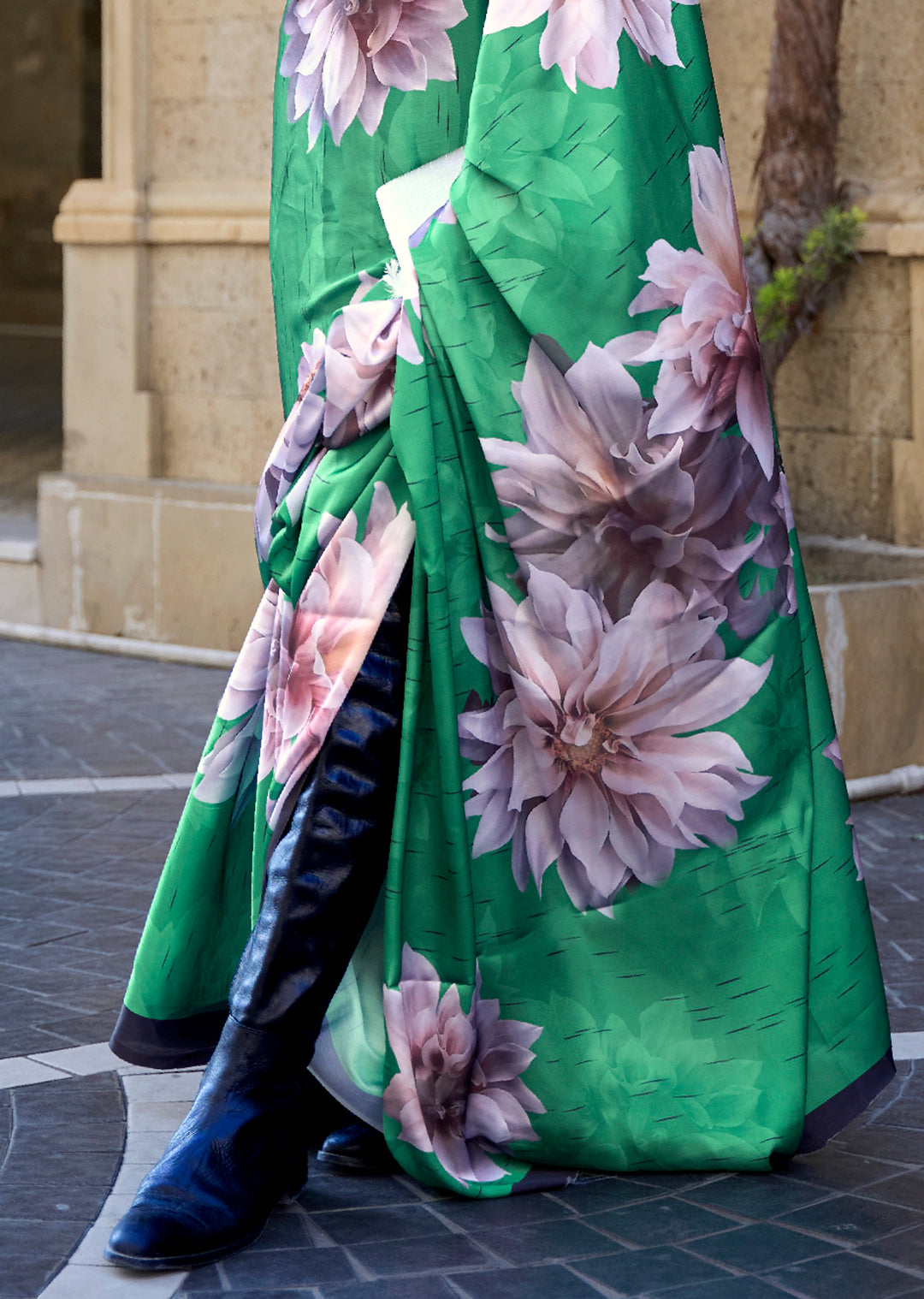 Jade Green Woven Digital Printed Satin Crepe Silk Saree