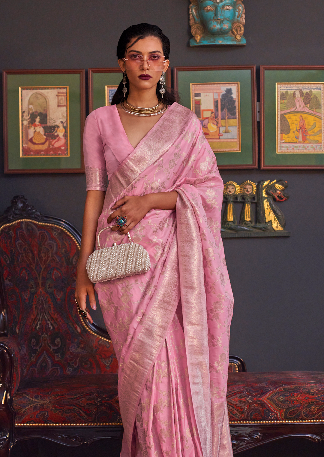 Carnation Pink Woven Pure Handloom Katan Silk Saree