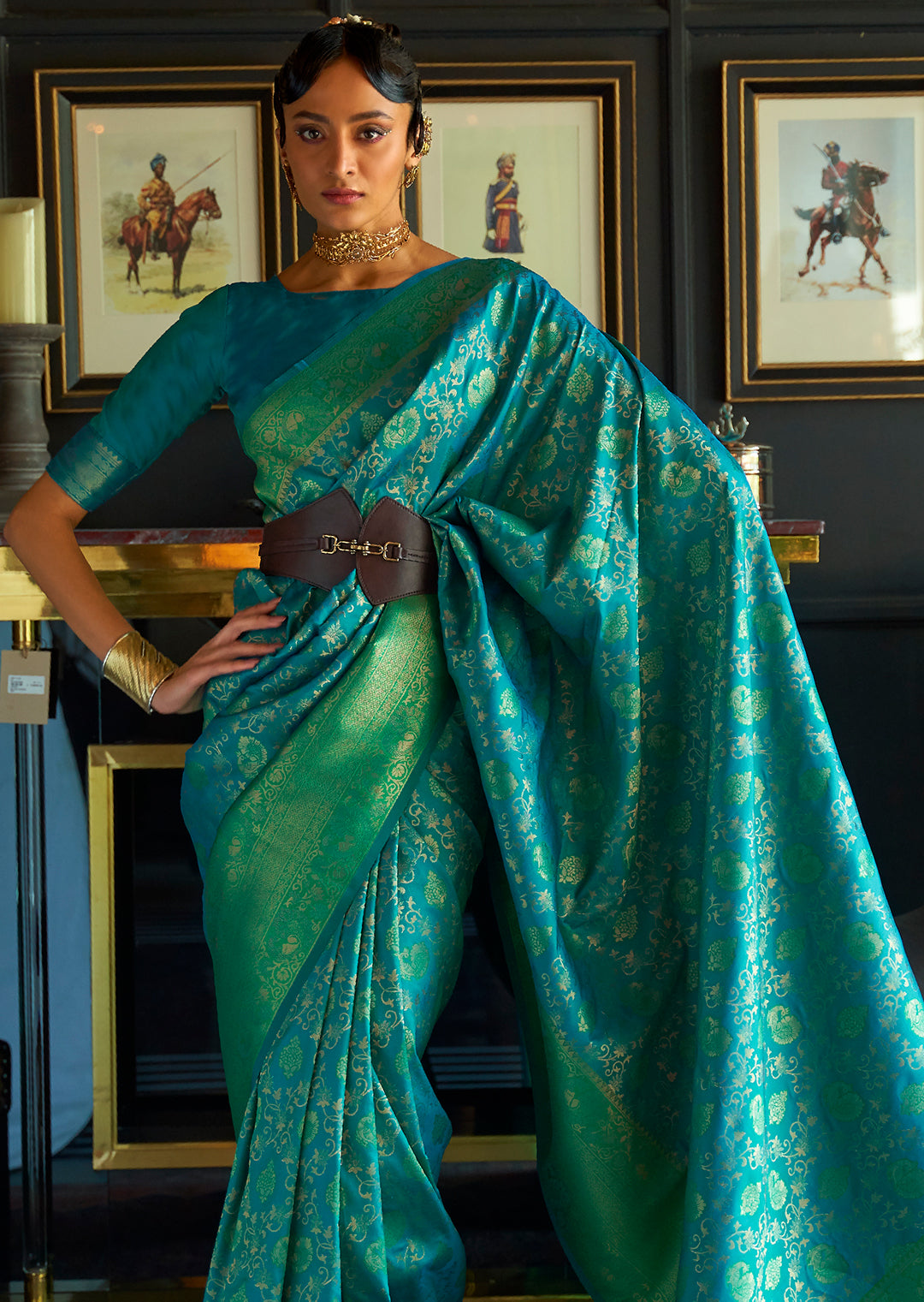 Teal Green Zari Woven Pure Handloom Kanjivaram Silk Saree