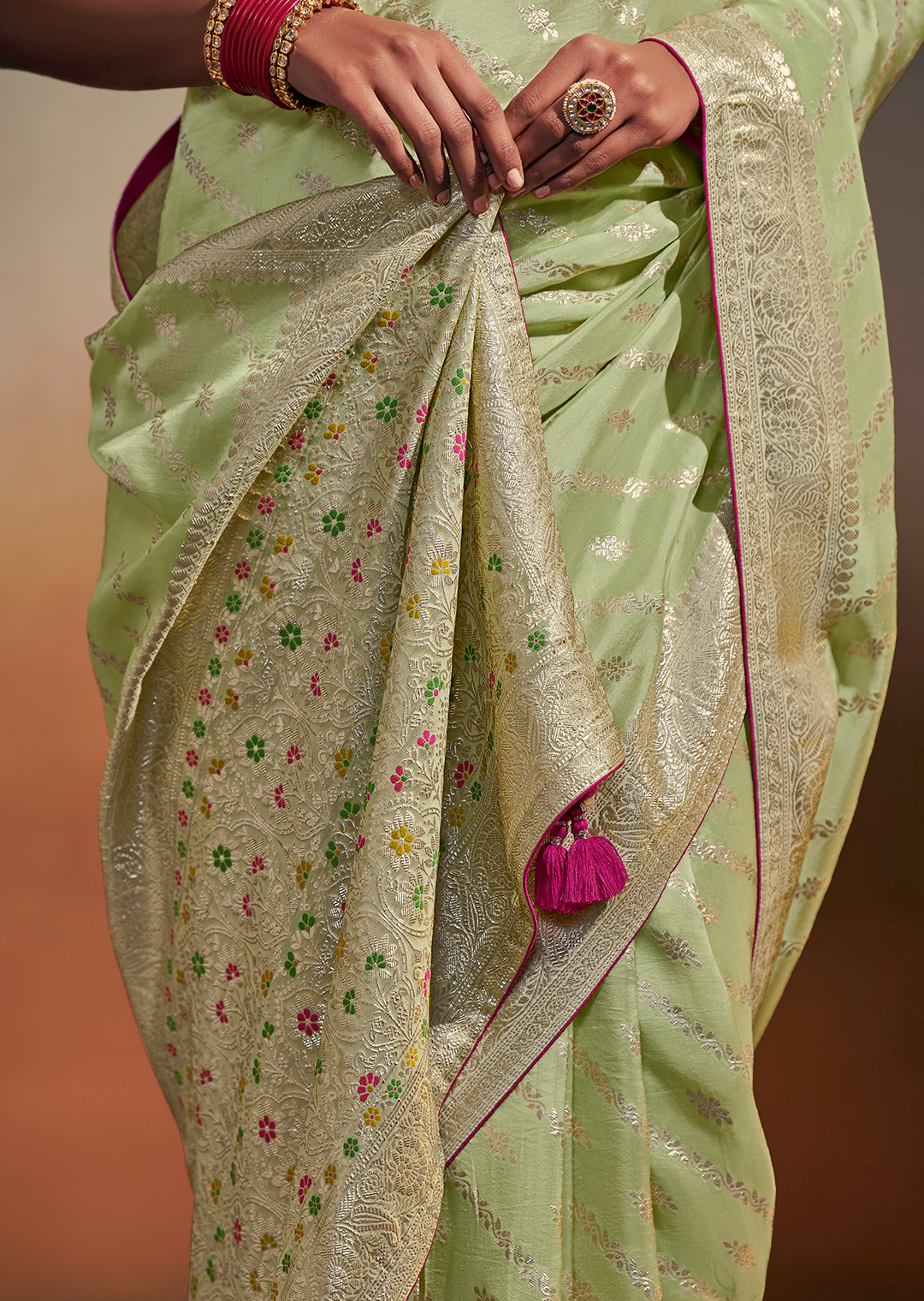 TEA GREEN WOVEN PURE CHINON CHIFFON DESIGNER SILK SAREE