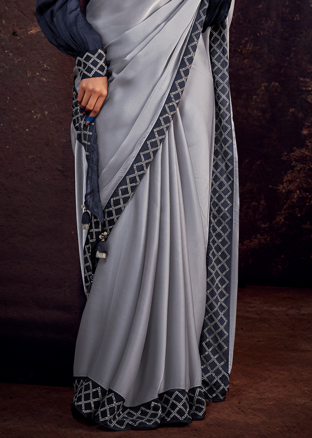 PIGEON GREY PURE SATIN TISSUE DESIGNER SILK SAREE