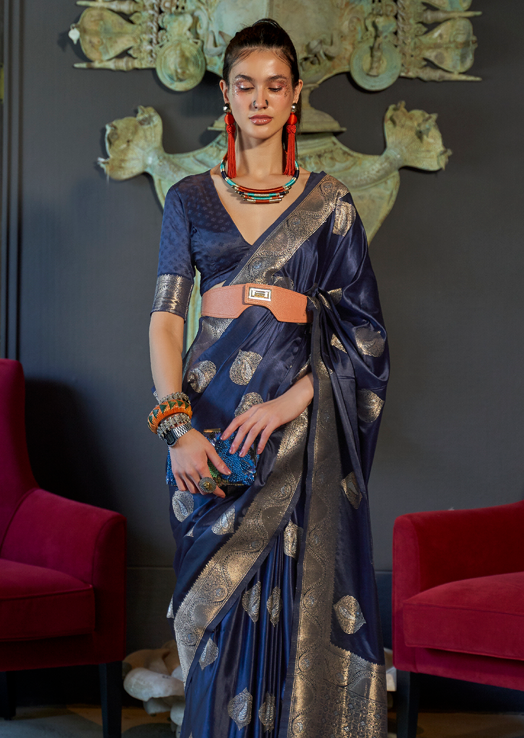 Navy Blue Zari Woven Pure Handloom Banarasi Satin Silk Saree