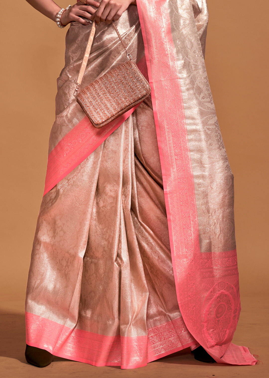 Pearl White & Peach Zari Woven Pure Handloom Kanjivaram Silk Saree