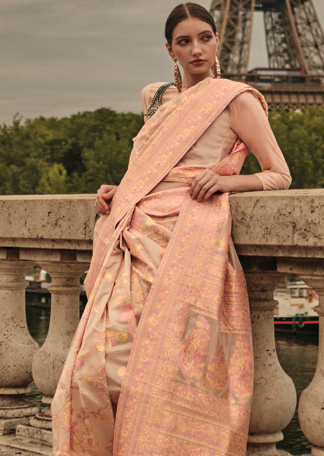 Beige Woven Pure Handloom Kashmiri Organza Silk Saree