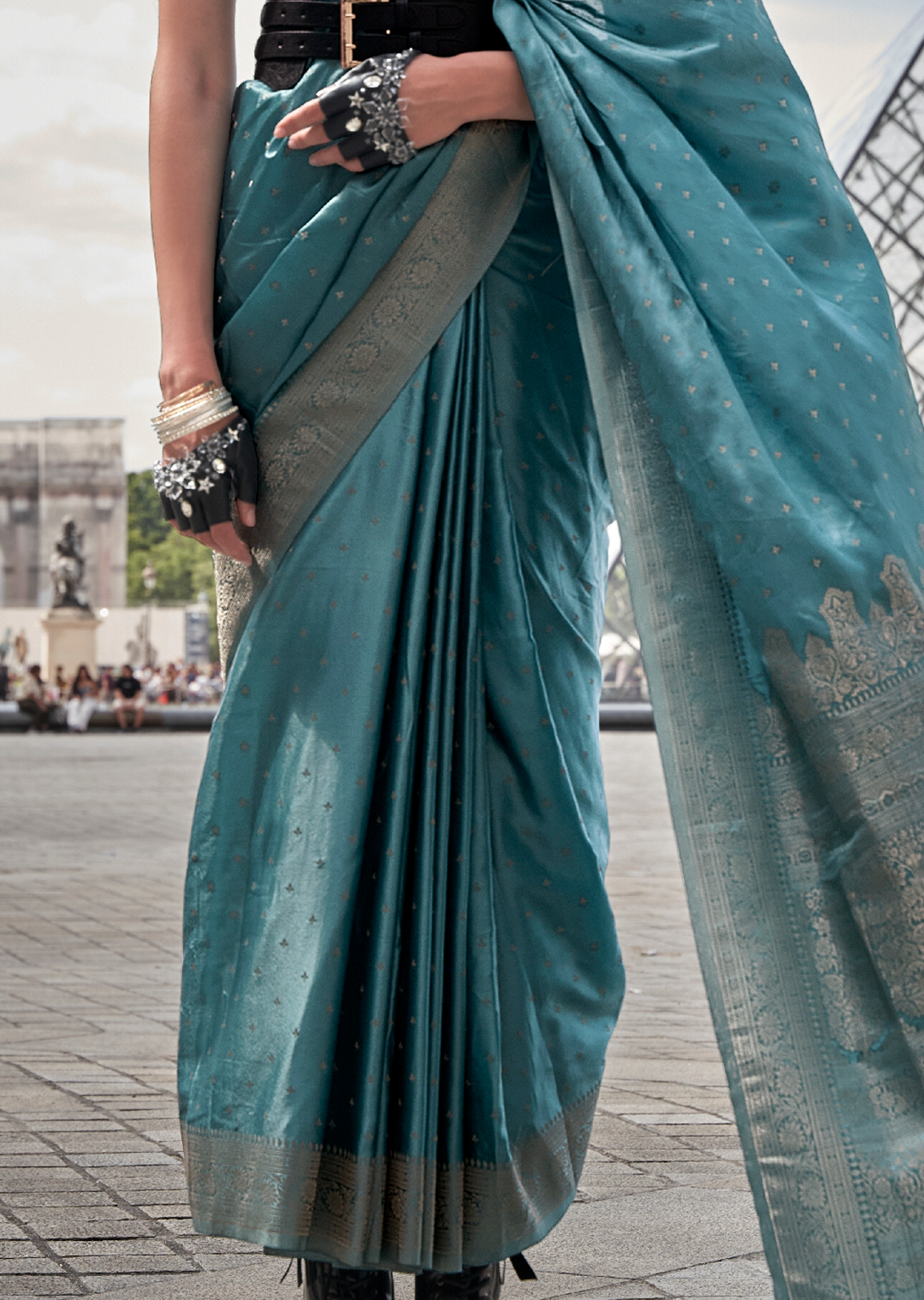 Light Teal Blue Zari Woven Handloom Pure Banarasi Satin Silk Saree