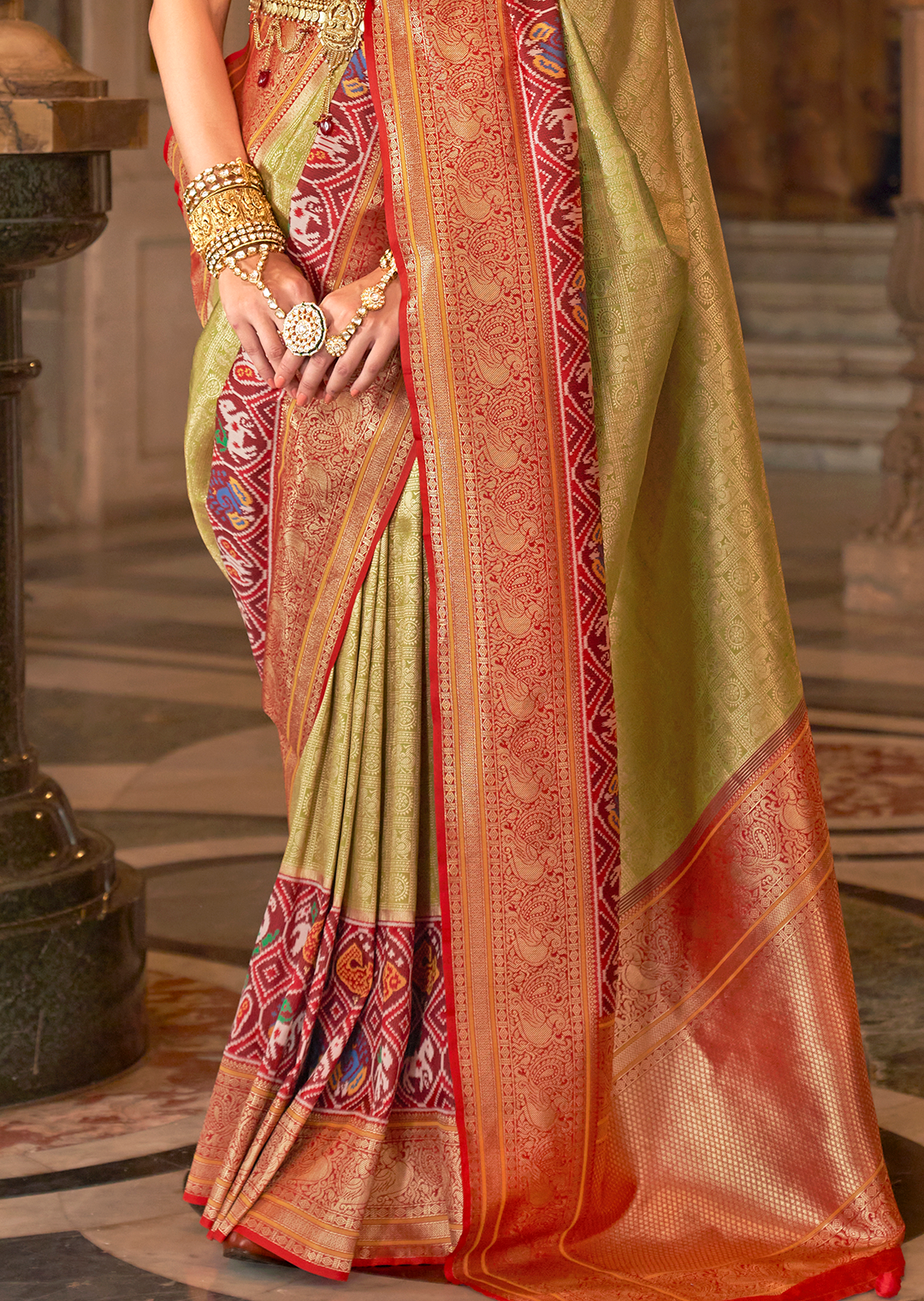 Olive Green & Red	Woven Royal Patola Kanjivaram Silk Saree