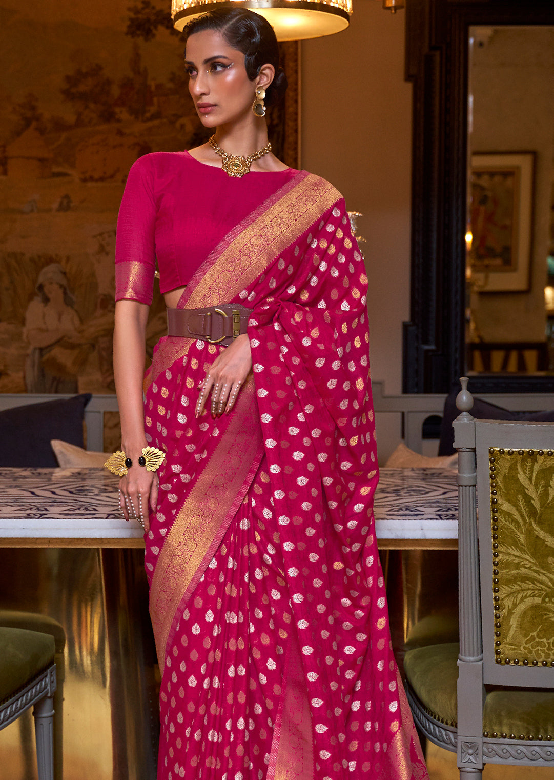 RUBY RED COPPER ZARI WOVEN PURE KHADDI GEORGETTE BANARASI SAREE