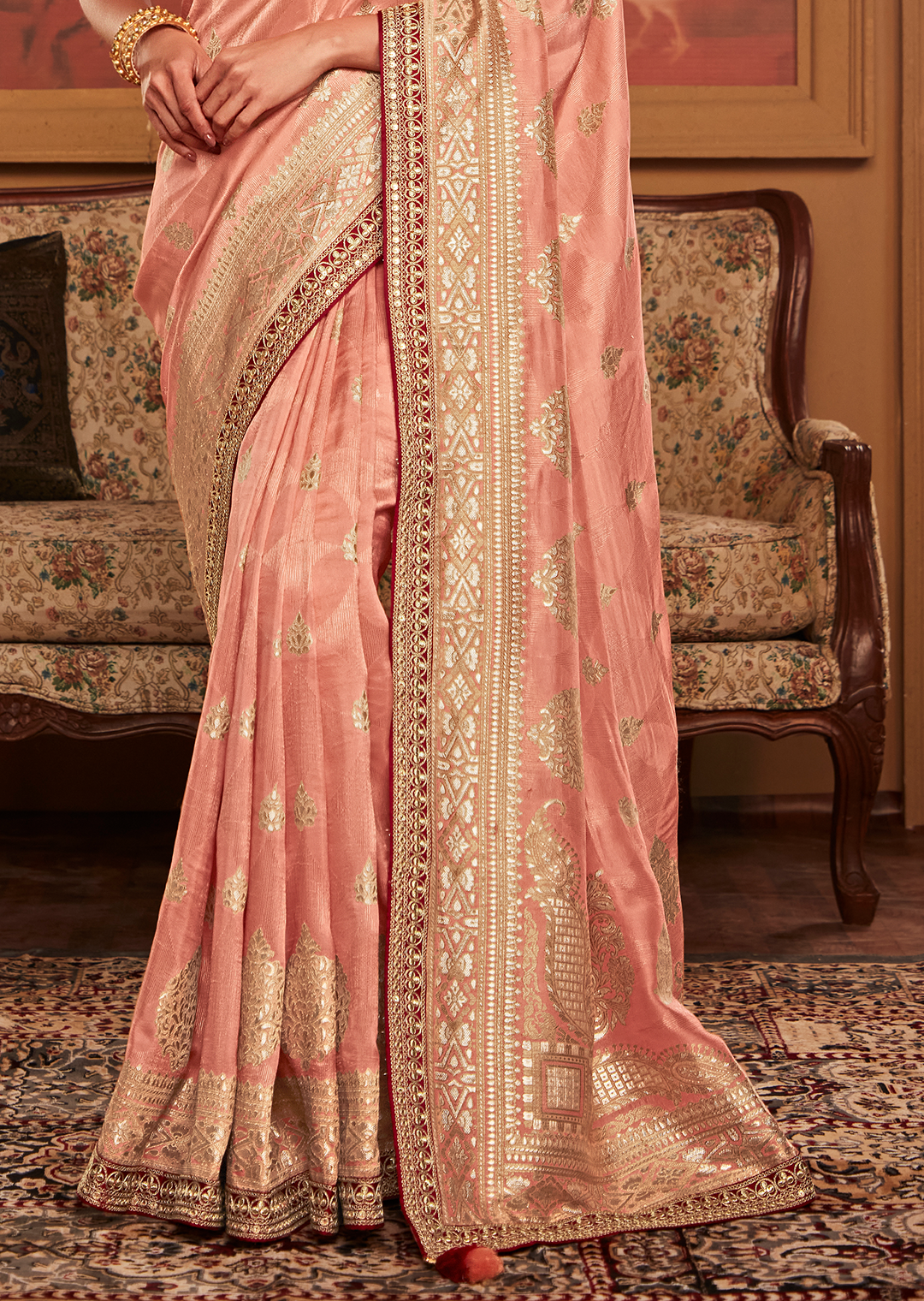 PEACH PURE CREPE SILK DESIGNER BANARASI SAREE