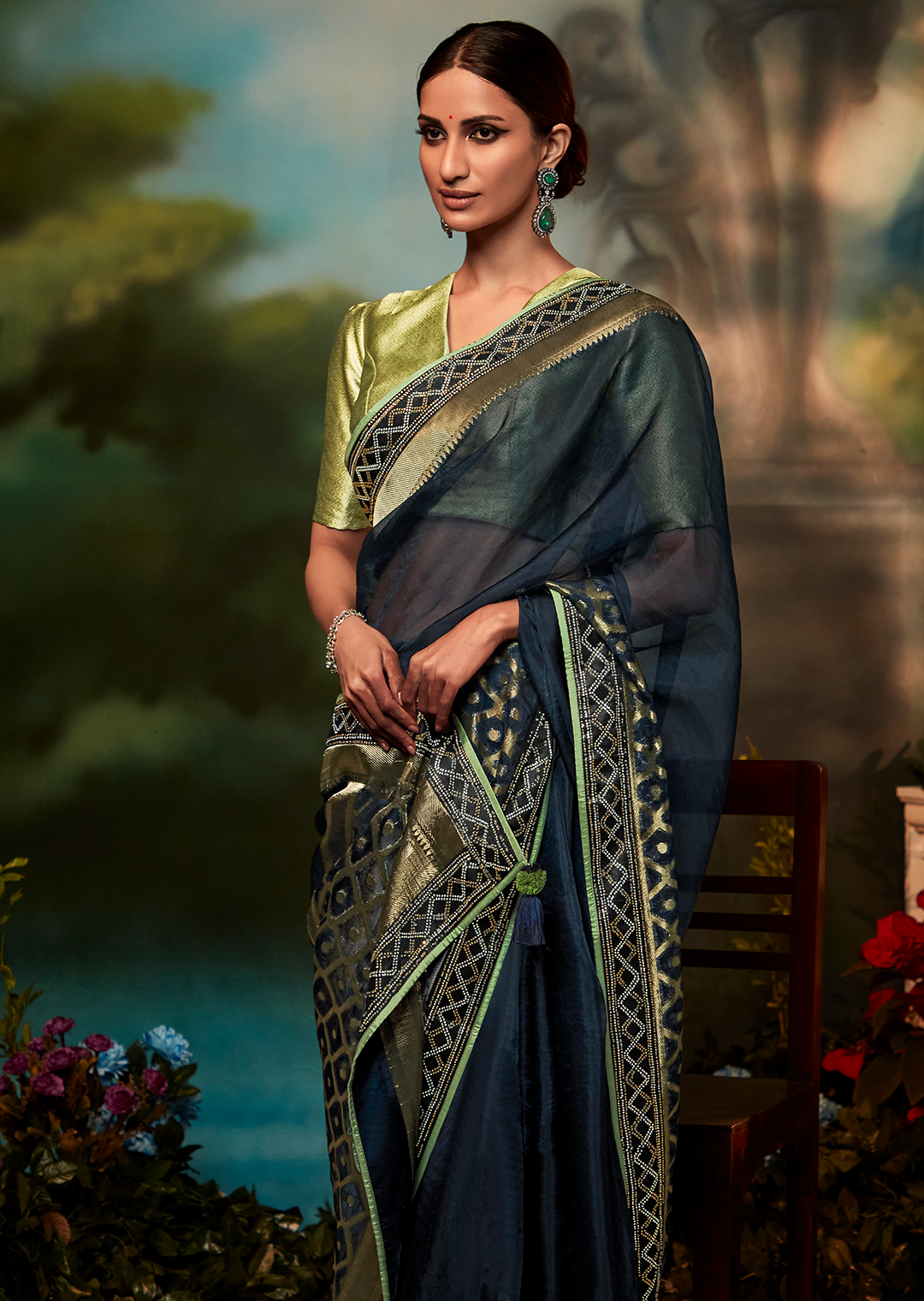 NAVY BLUE PURE TISSUE SILK DESIGNER SAREE