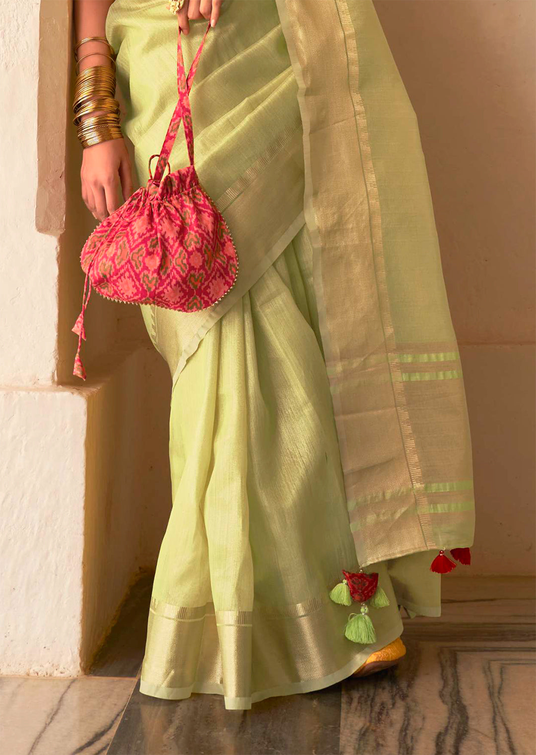 Tea Green Zari Woven Handloom Linen Tissue Silk Saree