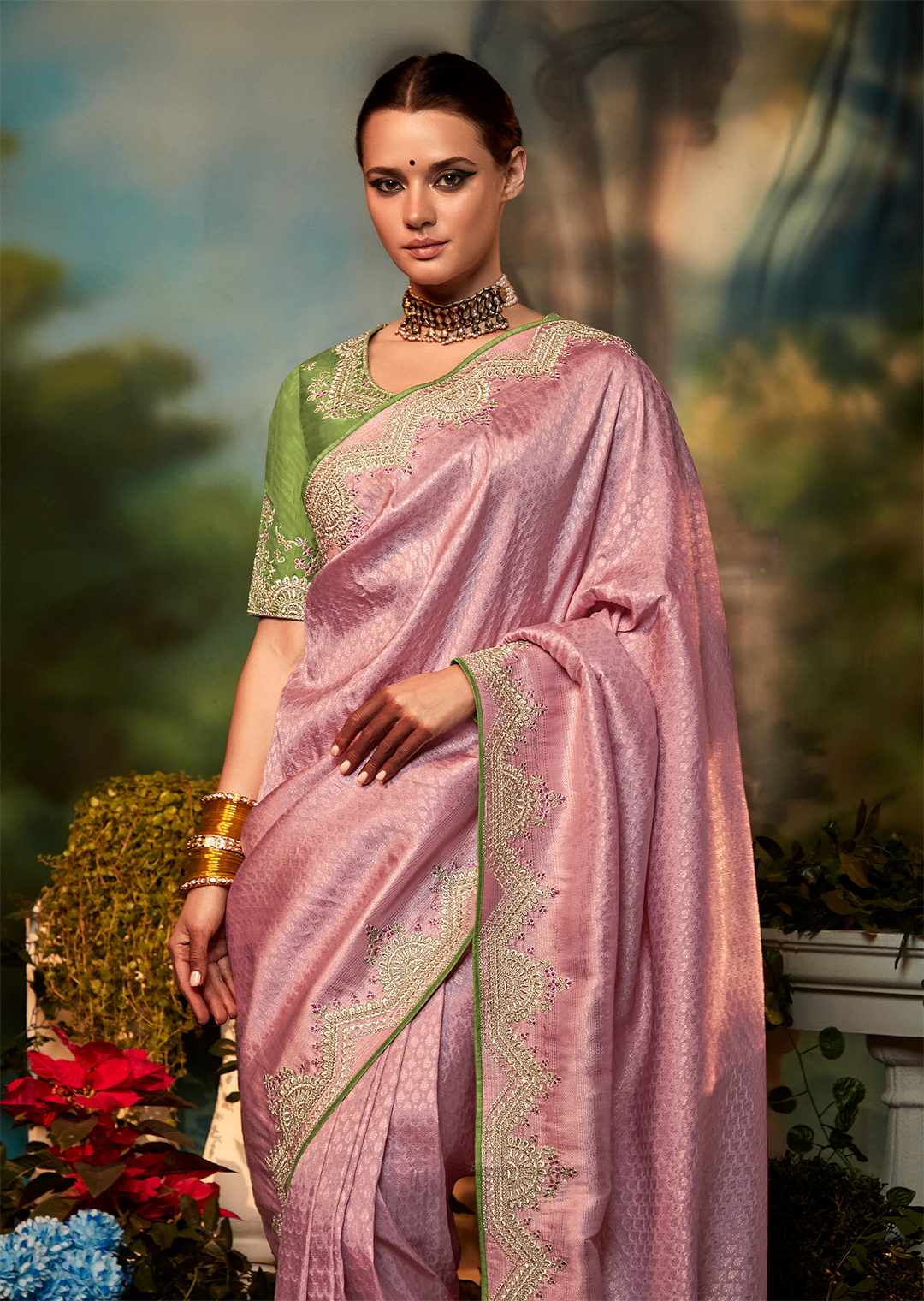 CARNATION PINK HEAVY EMBROIDERED DESIGNER KANJIVARAM SILK SAREE