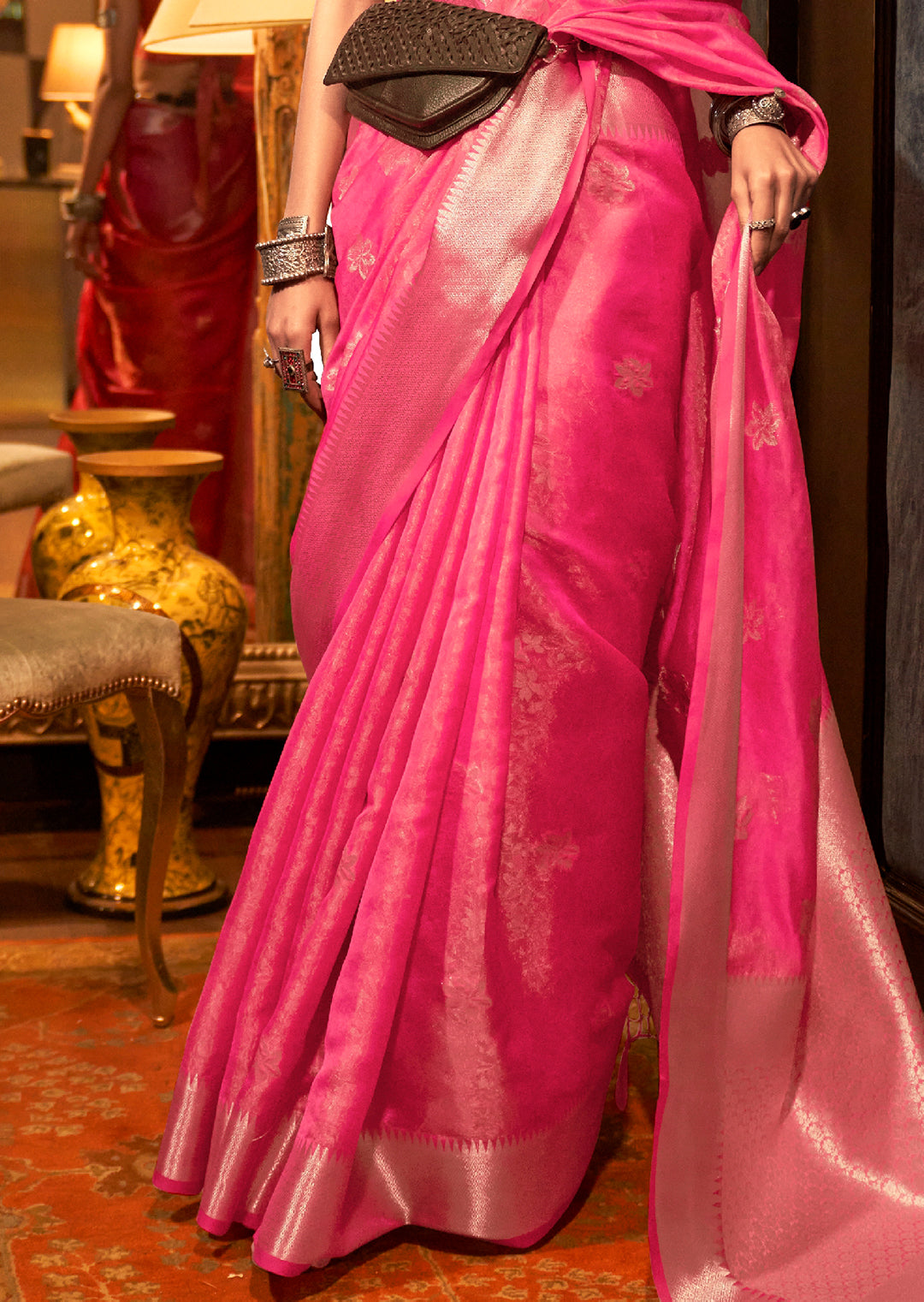 Ruby Pink Zari Woven Two Tone Pure Handloom Organza Silk Saree