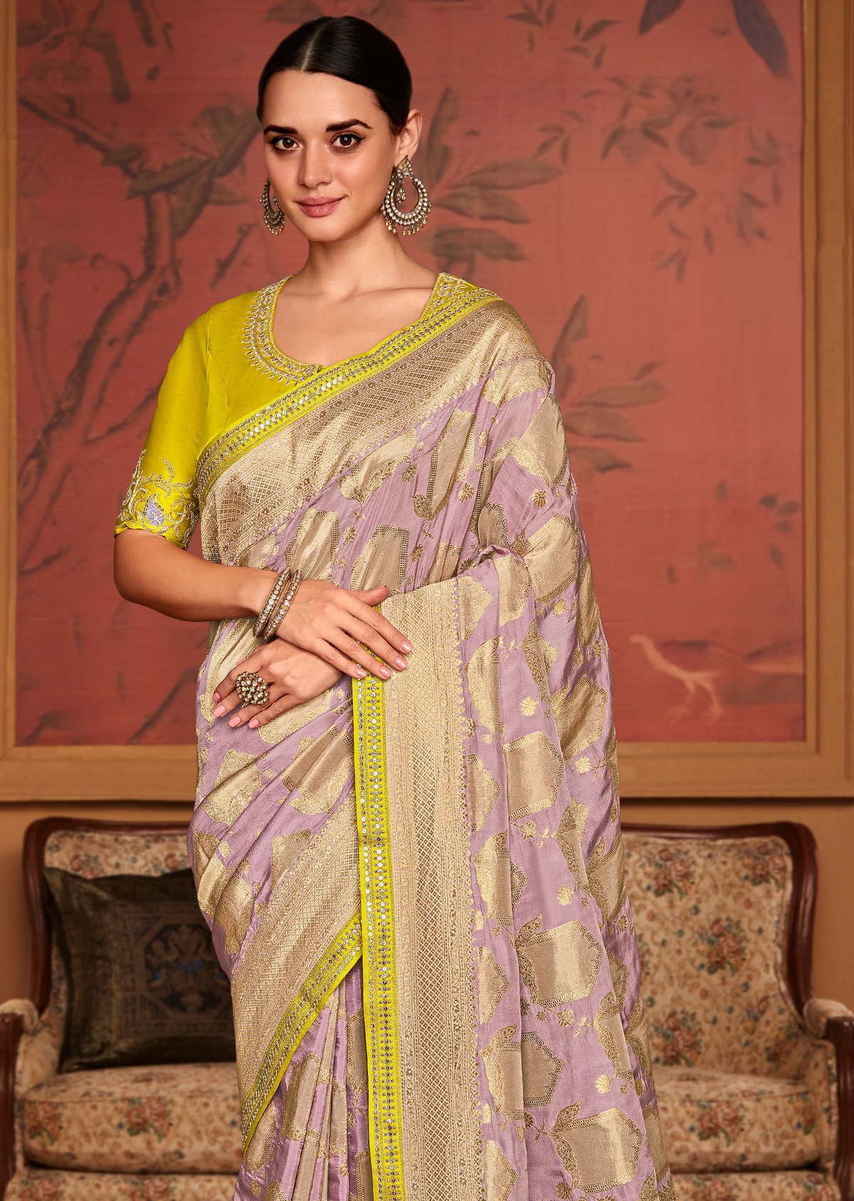 LAVENDER PURPLE PURE CREPE SILK DESIGNER BANARASI SAREE