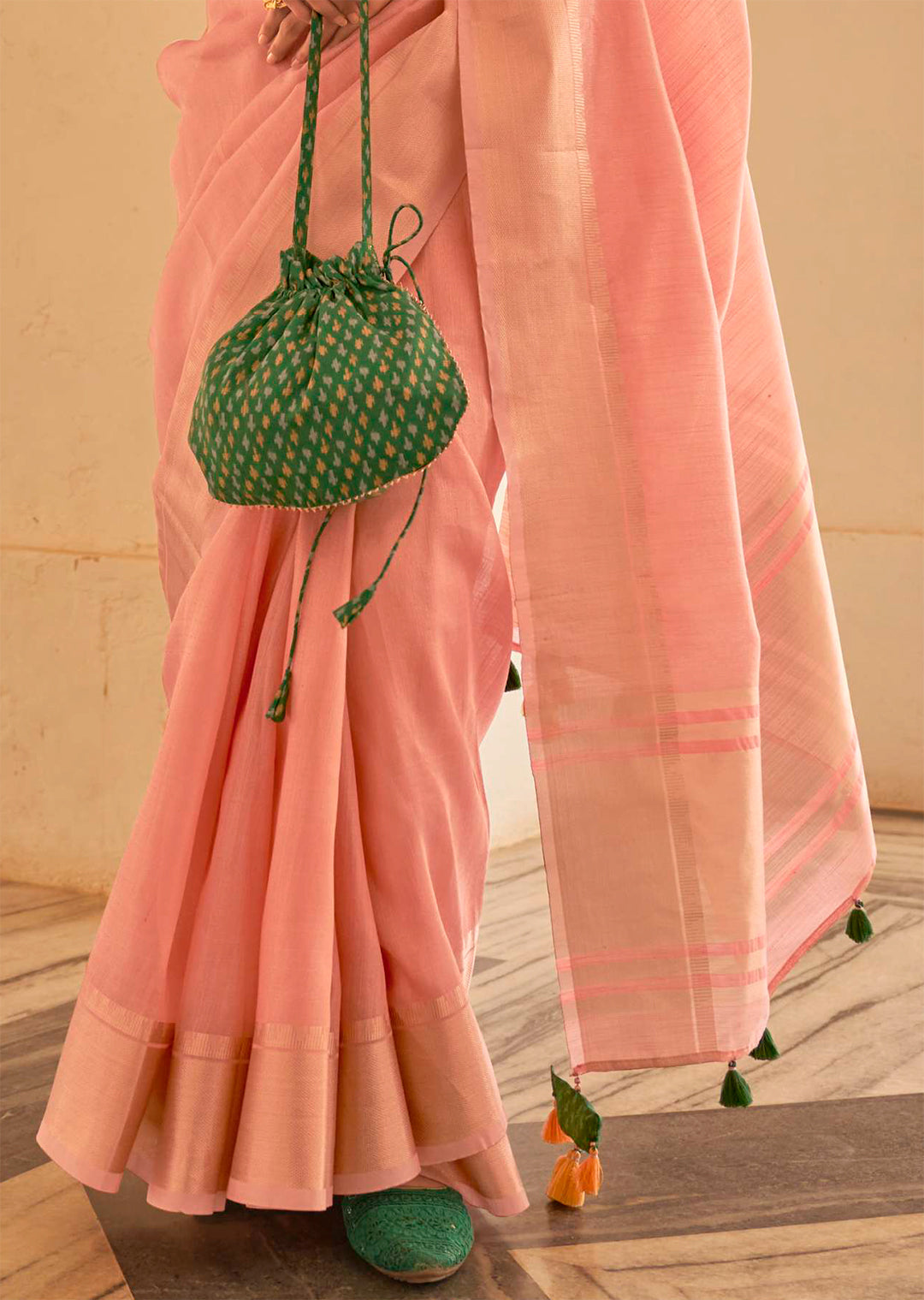 Crepe Pink Zari Woven Handloom Linen Tissue Silk Saree