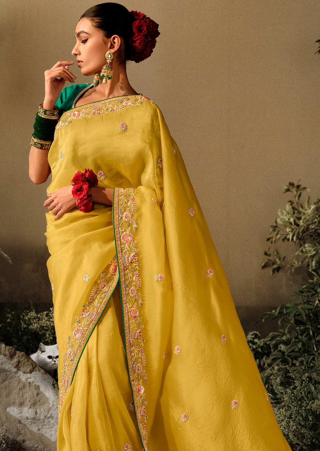 CORN YELLOW WOVEN HEAVY EMBROIDERED PREMIUM DESIGNER SILK SAREE