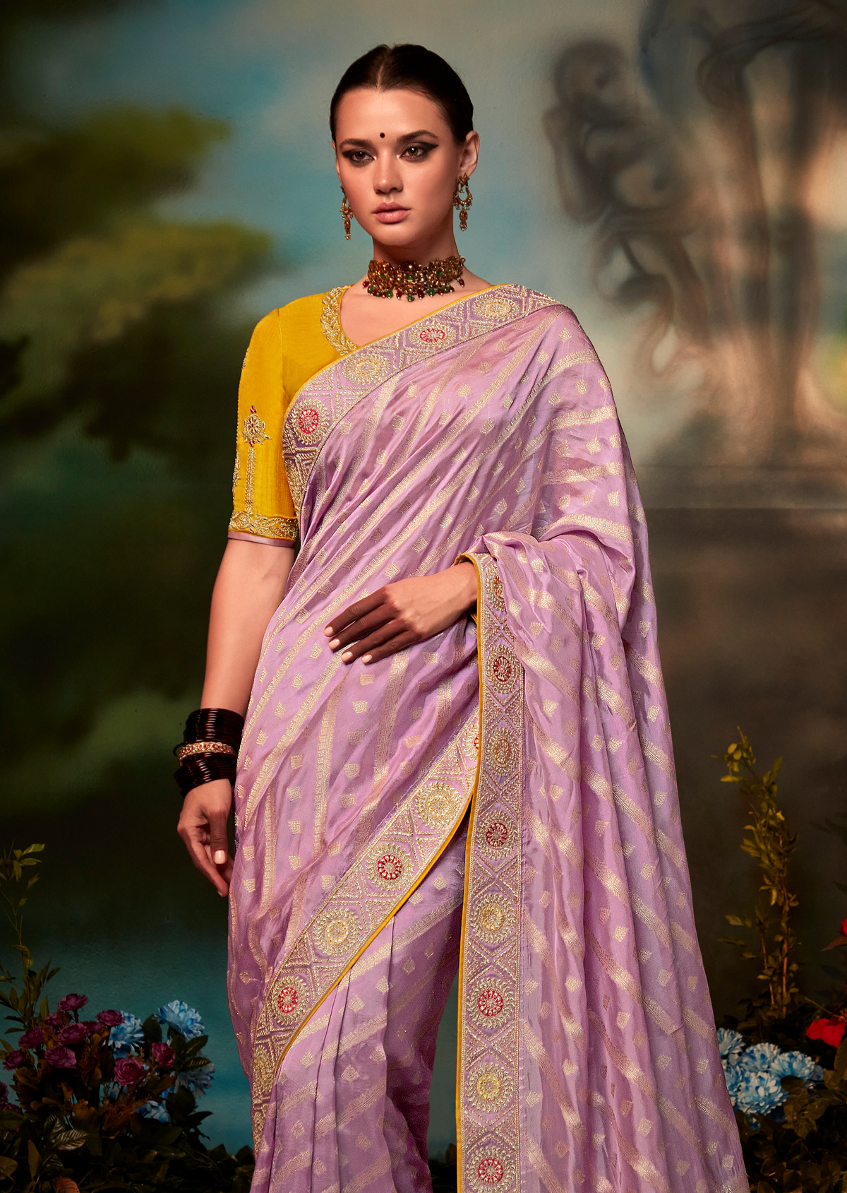 WISTERIA PURPLE HEAVY EMBROIDERED DESIGNER BANARASI SILK SAREE