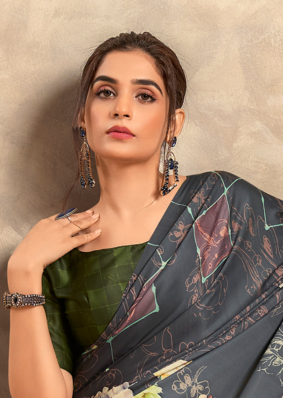 Deep Grey Woven Digital Printed Crepe Silk Saree