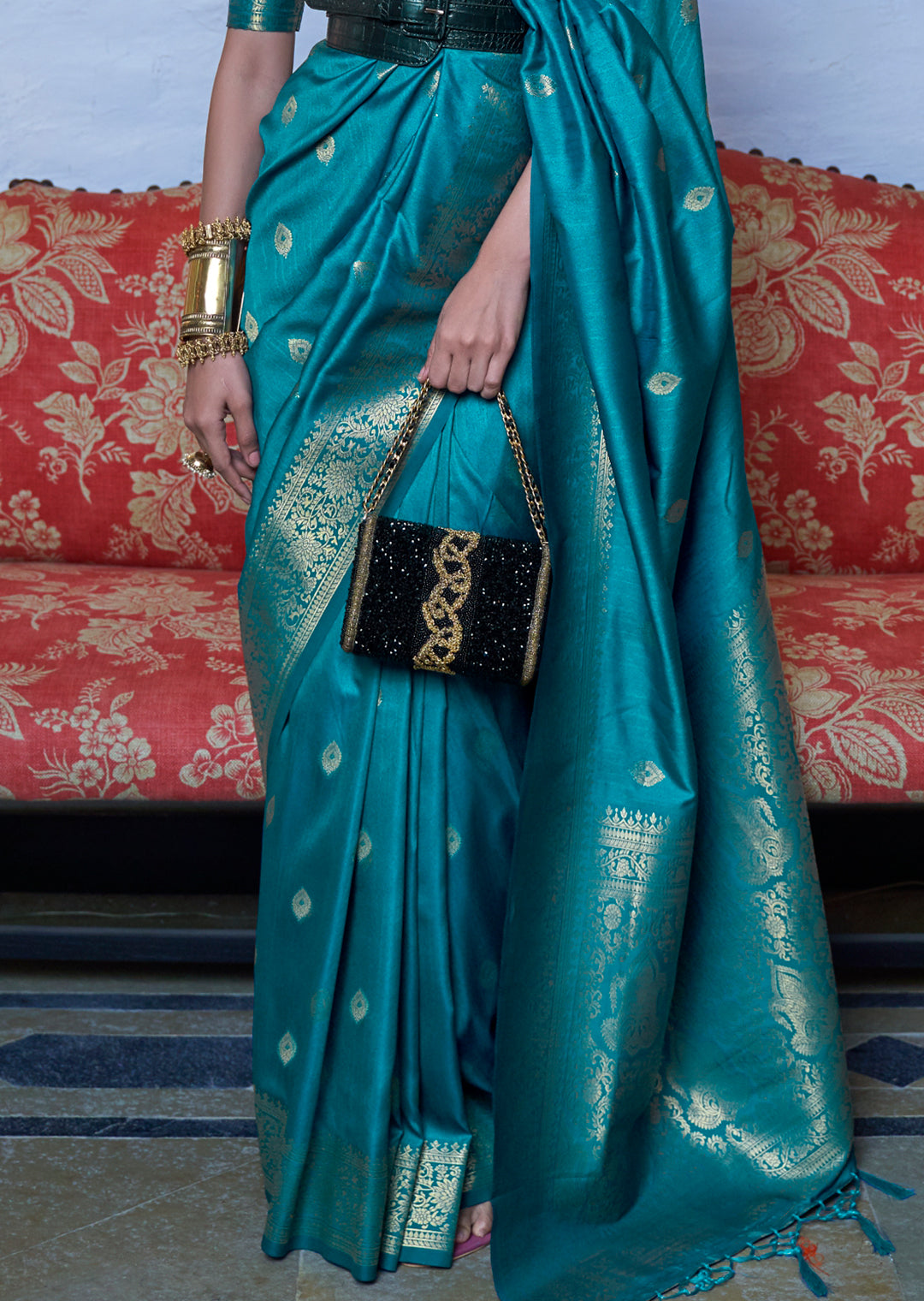 Teal Blue Zari Woven Pure Handloom Silk Saree