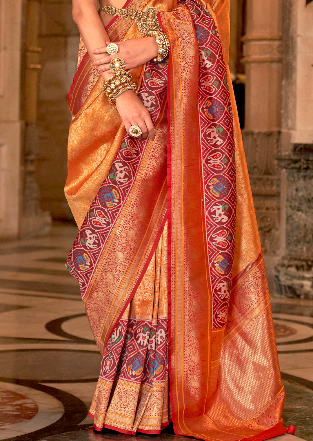 Mustard Yellow & Red	Woven Royal Patola Kanjivaram Silk Saree