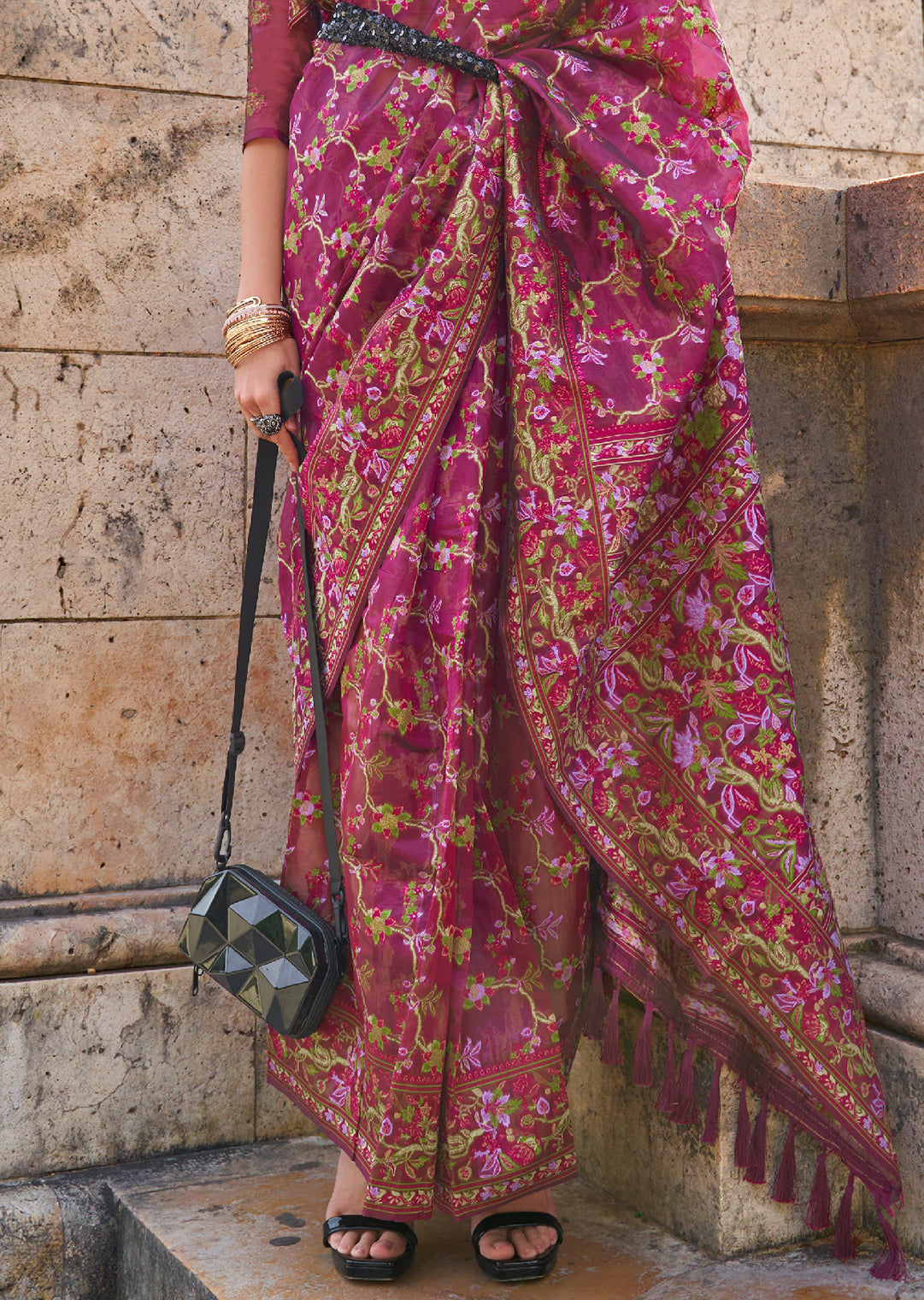 Magenta Purple Woven Pure Handloom Parsi Organza Silk Saree