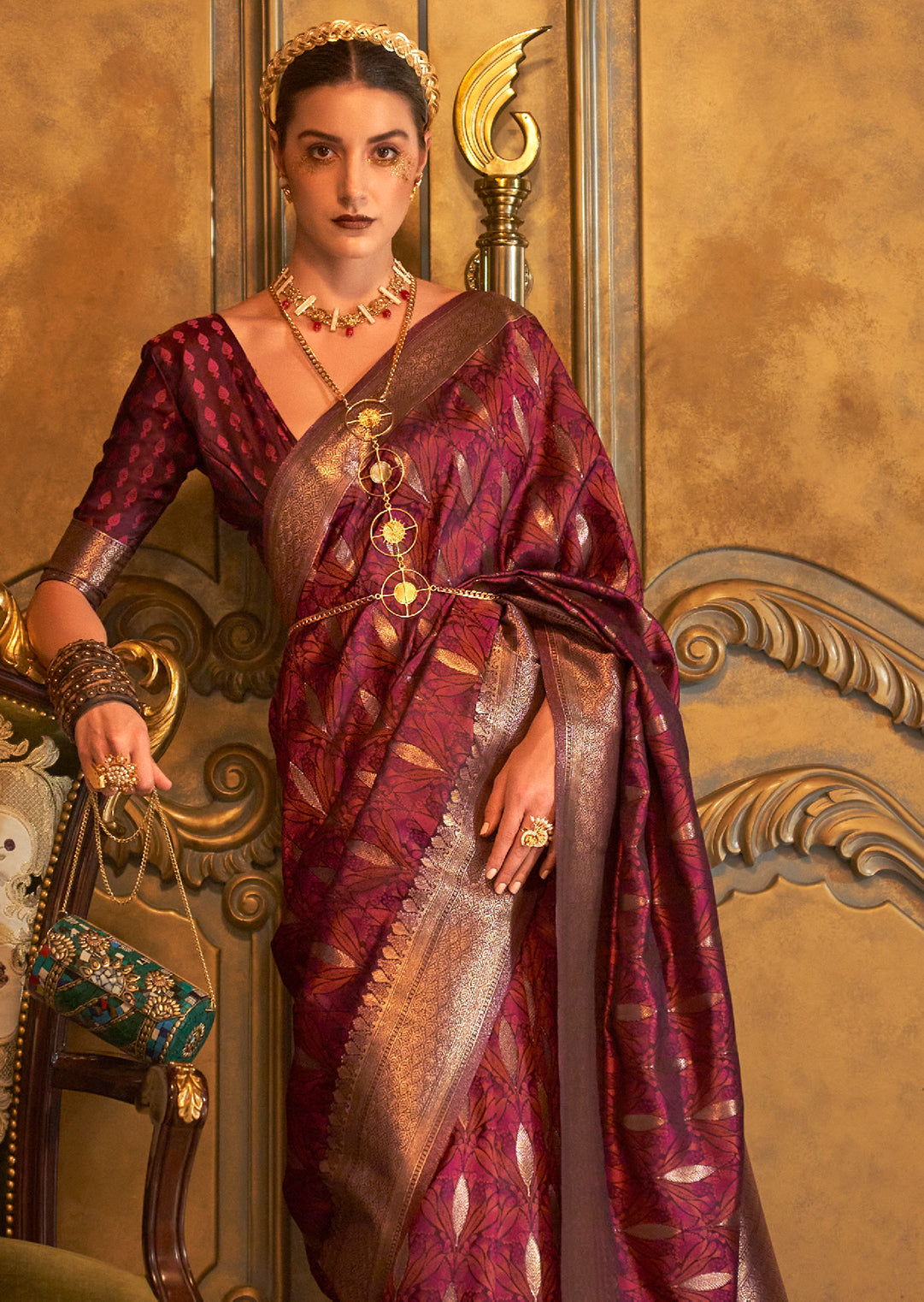 Maroon Zari Woven Handloom Pure Banarasi Satin Silk Saree