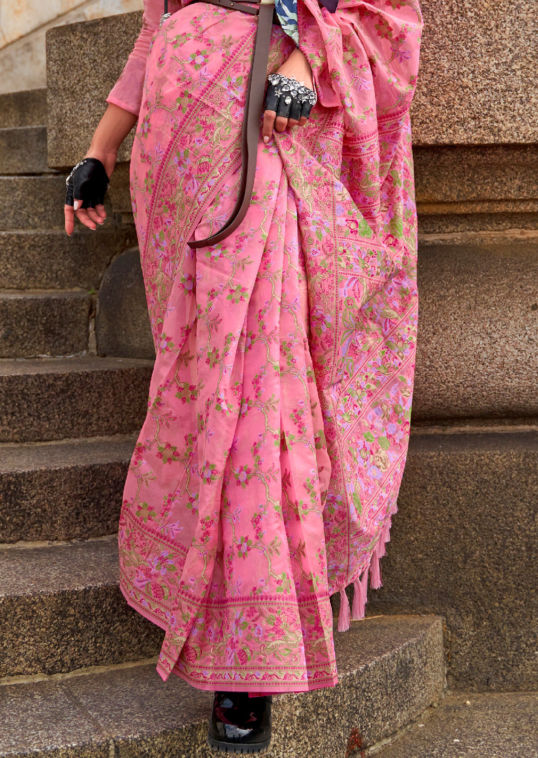 Carnation Pink Woven Pure Handloom Parsi Organza Silk Saree