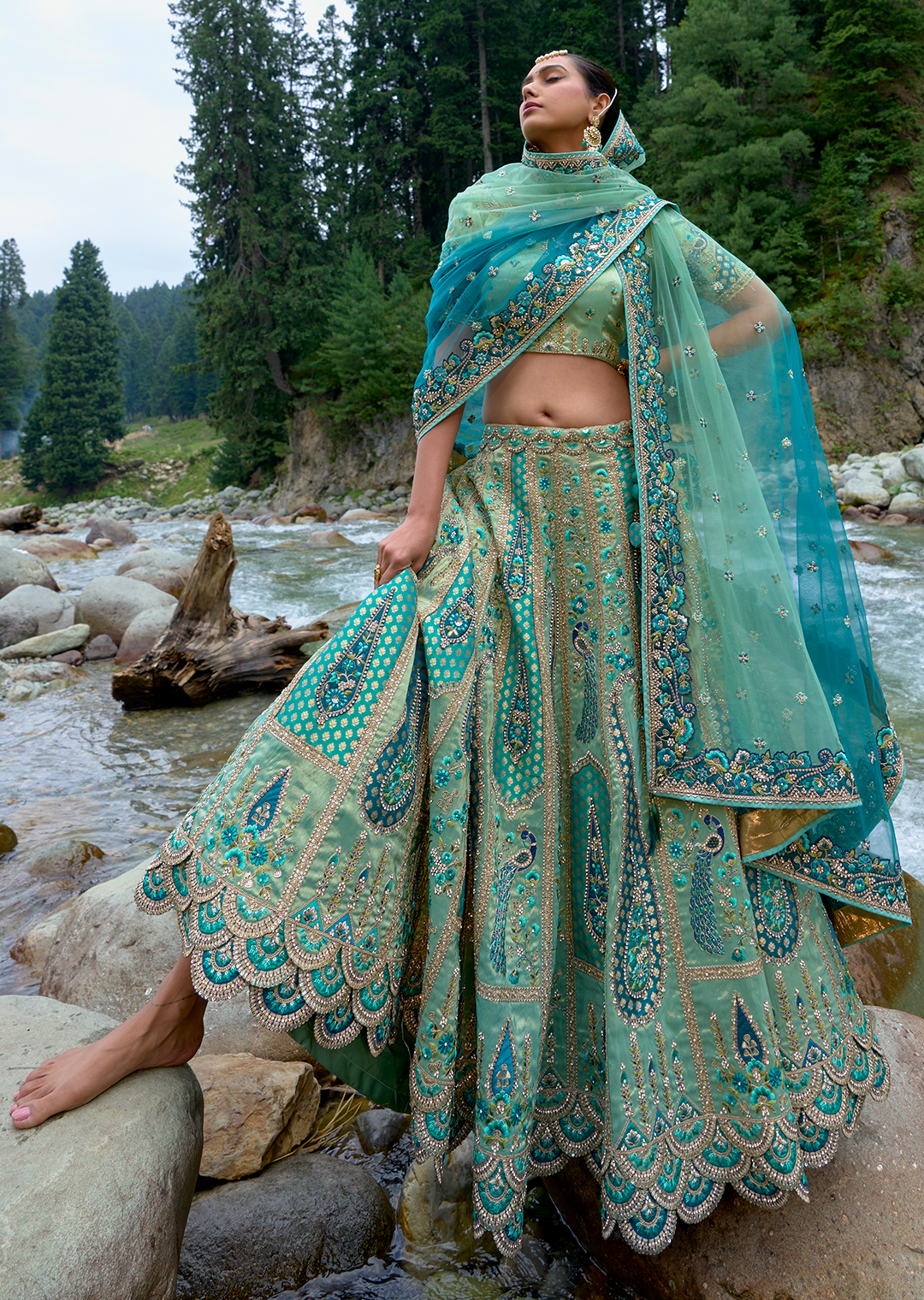 Mint Green Hand Worked Premium Designer Silk Lehenga