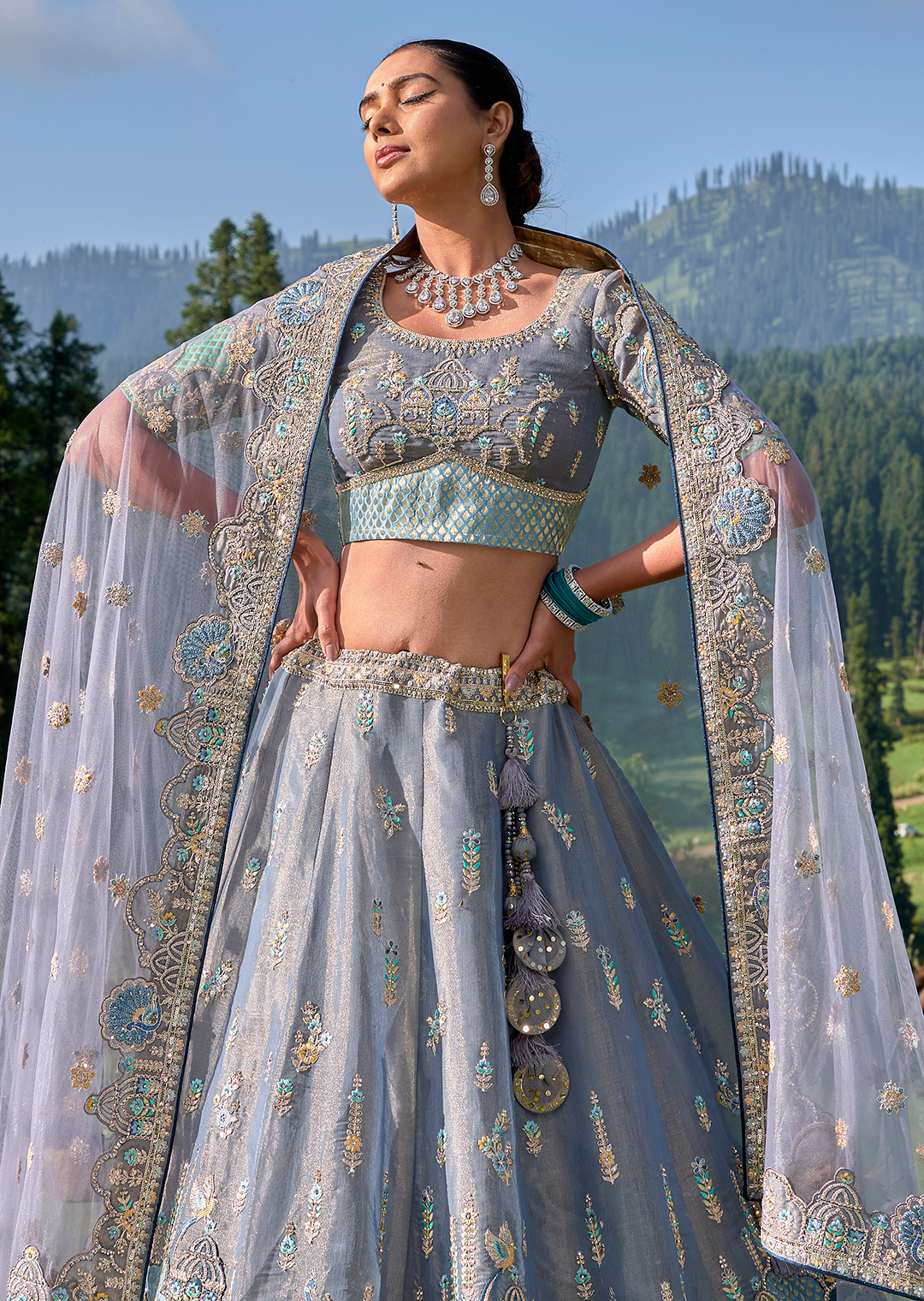 Lavender Grey Hand Worked Premium Designer Silk Lehenga