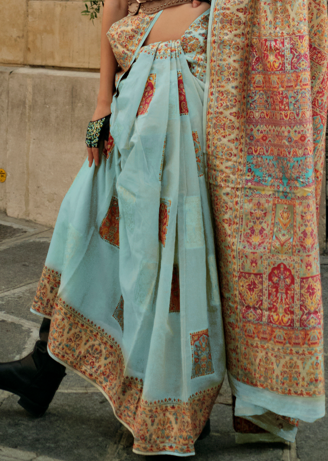 Sky Blue Woven Pure Handloom Kashmiri Jamewar Silk Saree