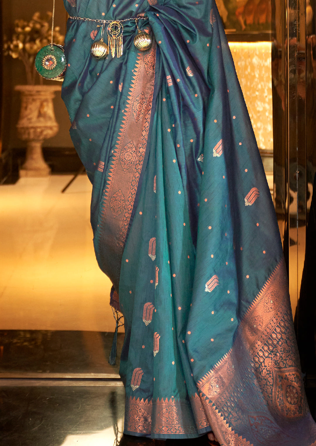 Teal Blue  Copper Zari Woven Pure Handloom Banarasi Silk Saree