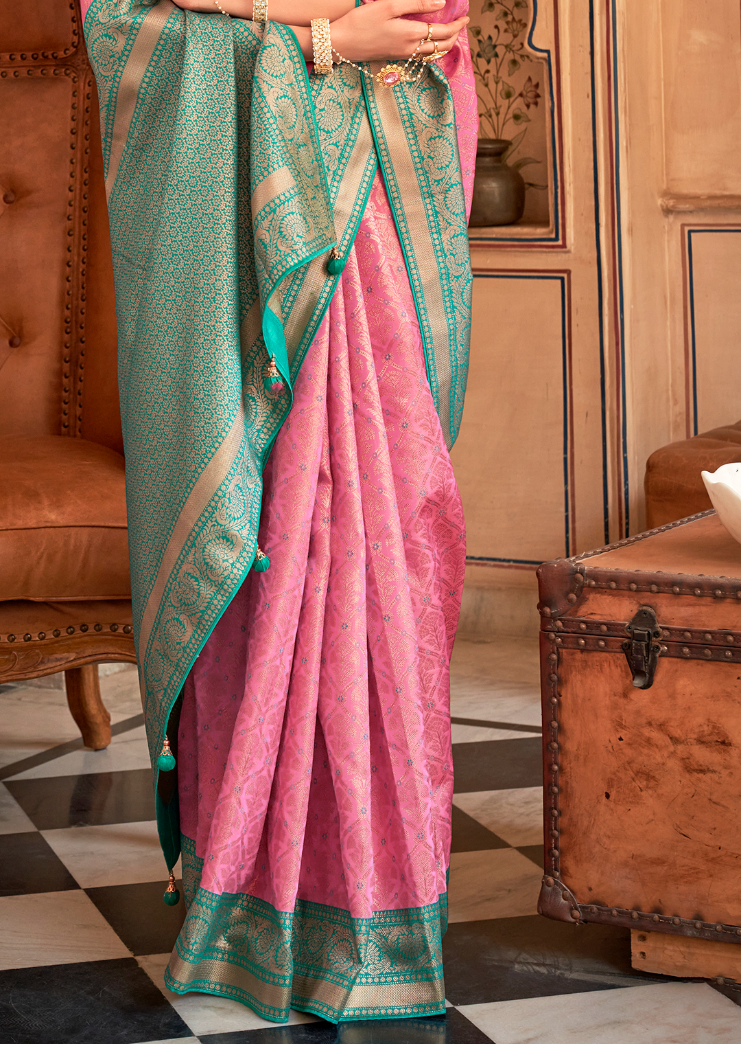 Carnation Pink Woven Royal Patola Kanjivaram Silk Saree