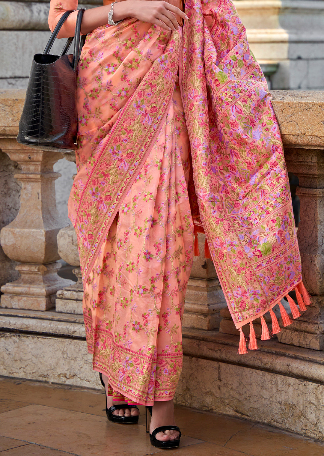 Peach Woven Pure Handloom Parsi Organza Silk Saree