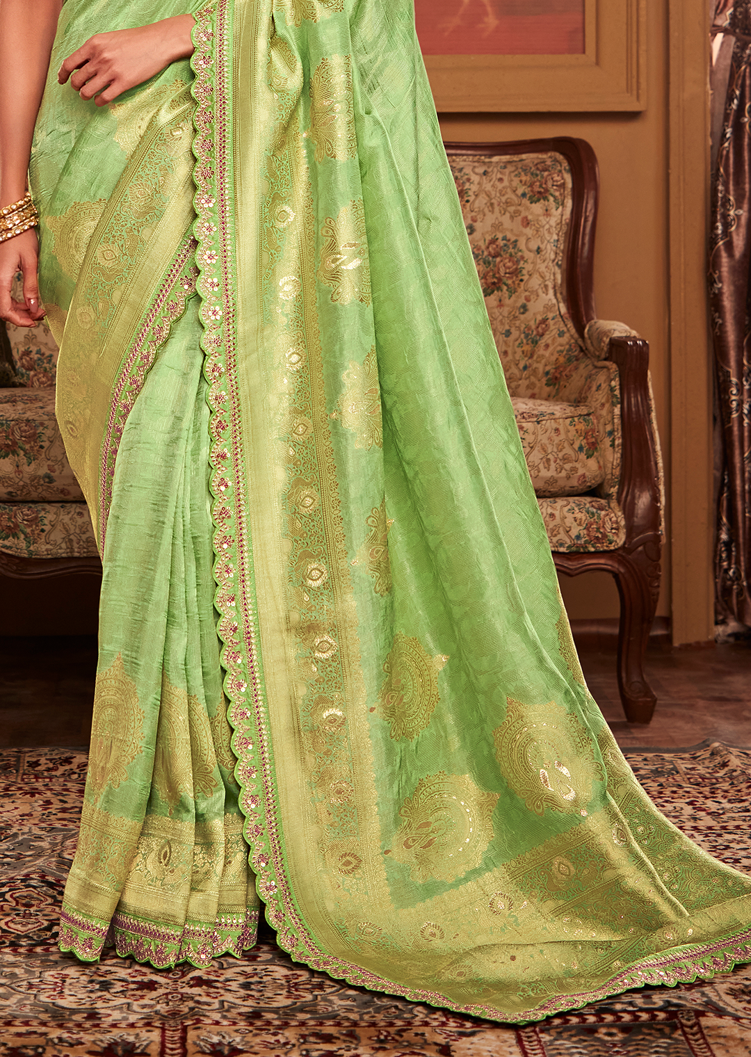 PISTACHIO PURE CREPE SILK DESIGNER BANARASI SAREE