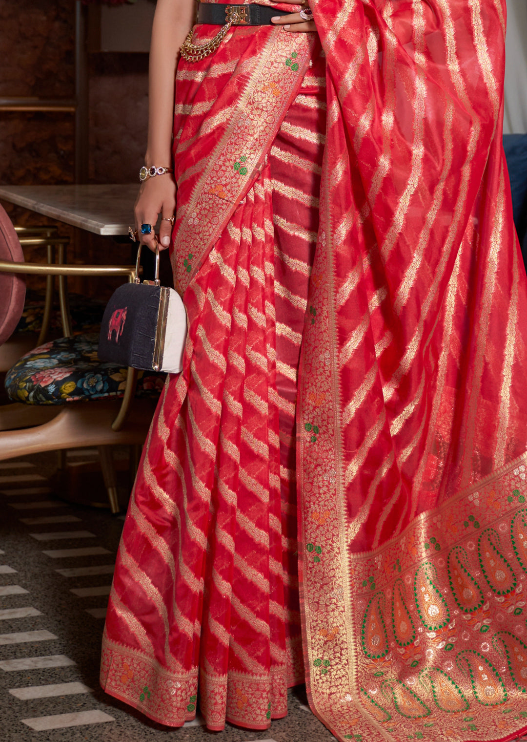 Red Two Tone Meenakari Woven Pure Organza Silk Saree