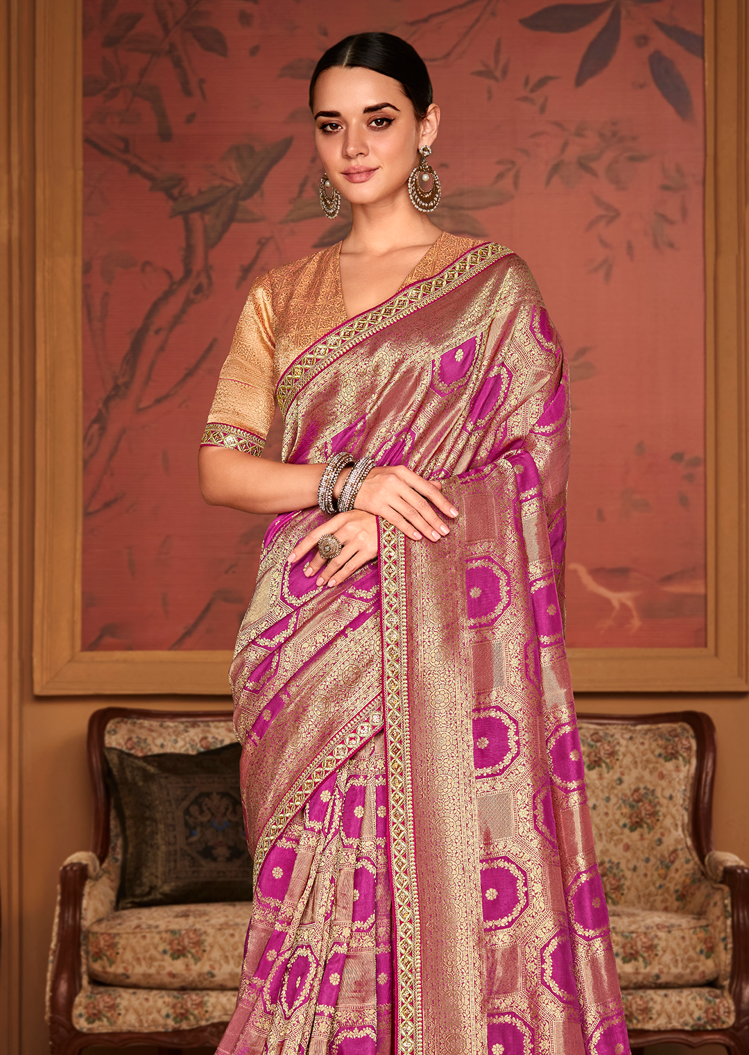 MAGENTA PINK PURE CREPE SILK DESIGNER BANARASI SAREE