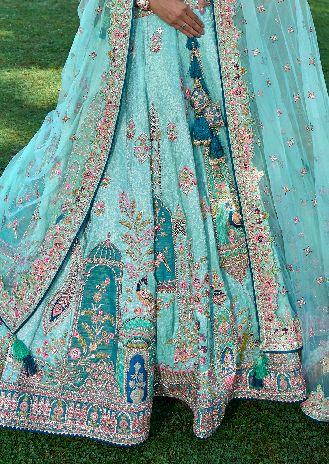 Aqua Blue Hand Worked Premium Designer Silk Lehenga