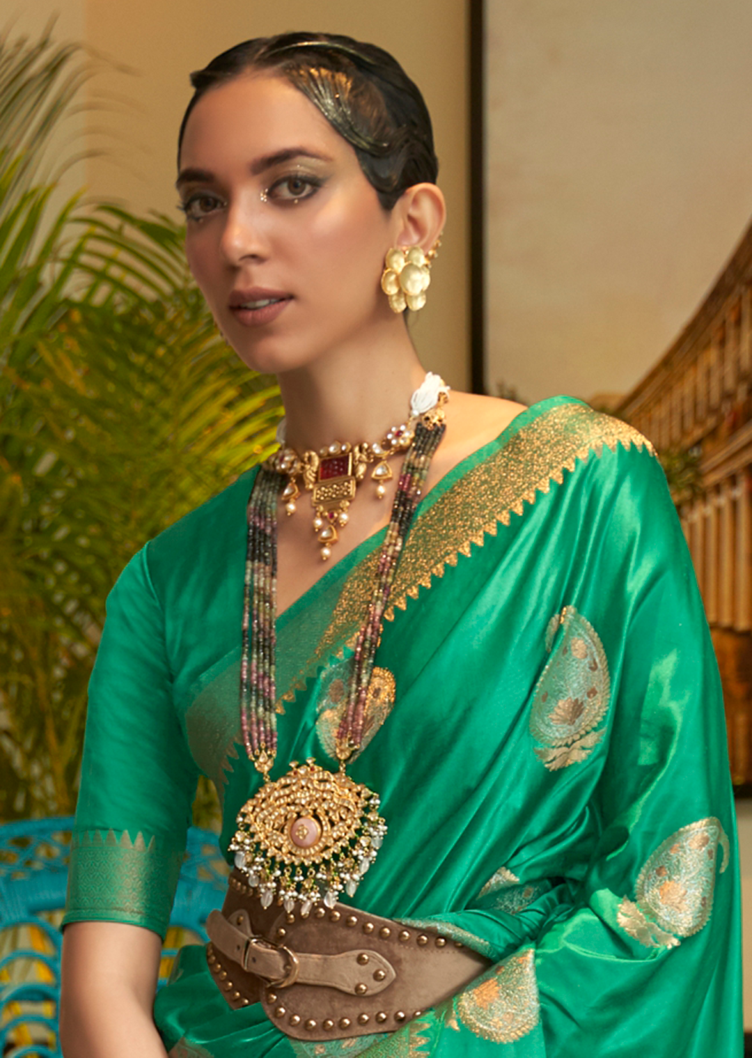 EMERALD GREEN	ZARI WOVEN BANARASI PURE SATIN SILK SAREE