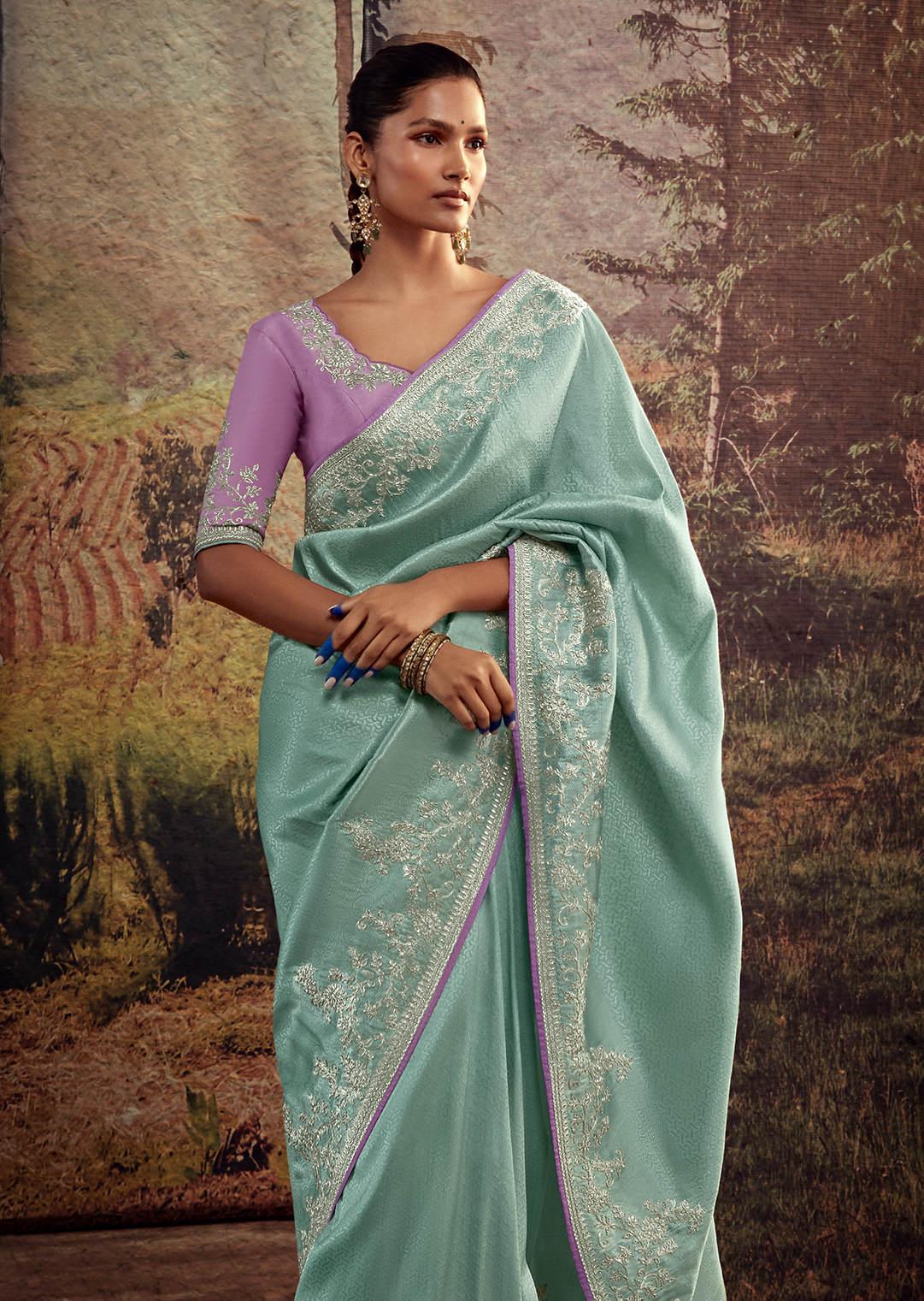 PEARL AQUA BLUE HEAVY EMBROIDERED PURE BROCADE DESIGNER SILK SAREE