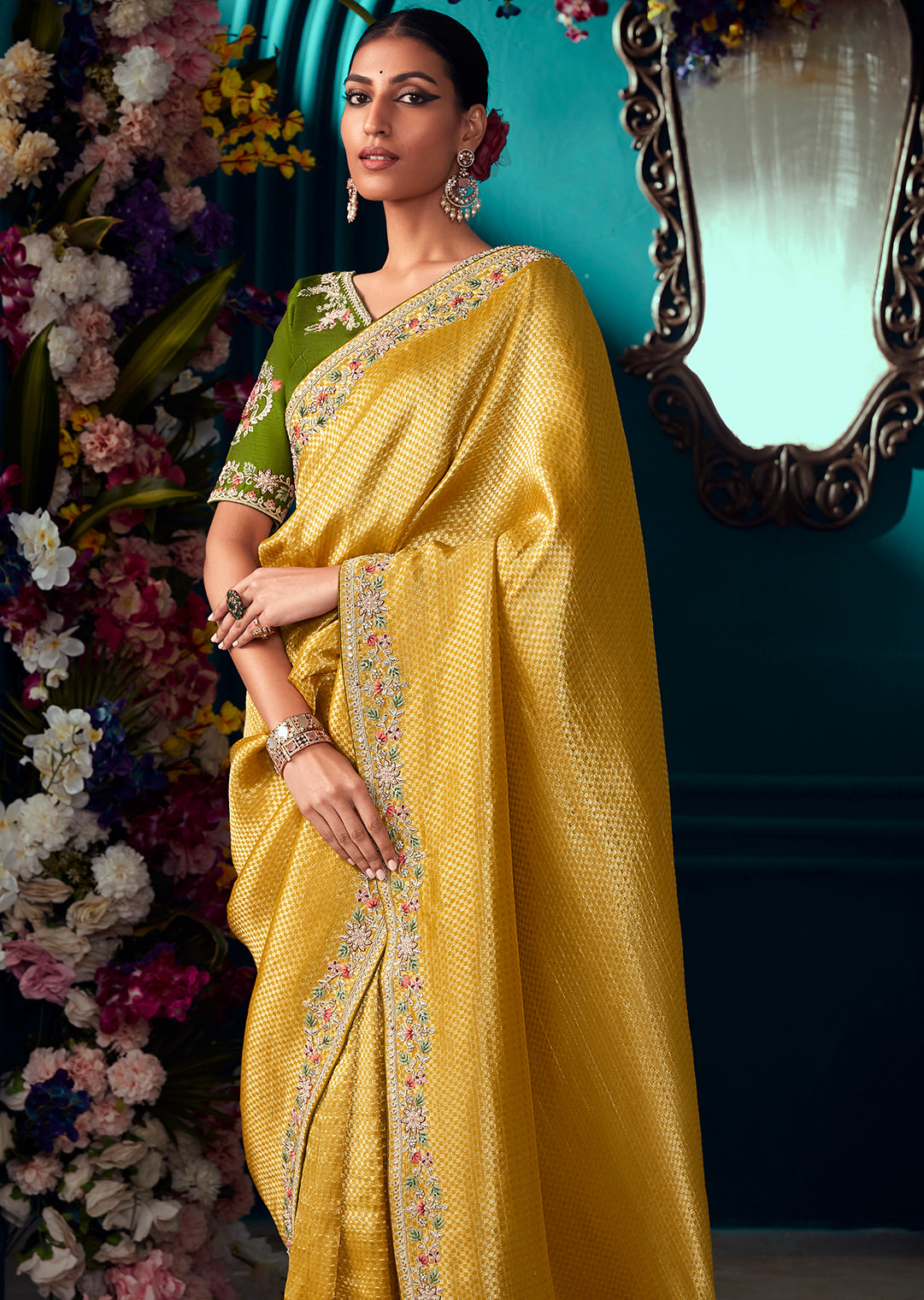 GOLDEN YELLOW HEAVY EMBROIDERED BROCADE DESIGNER KANJIVARAM SILK SAREE