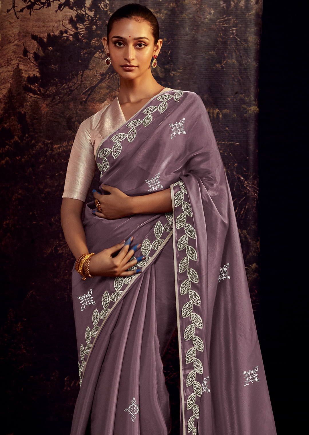 HEATHER PURPLE PURE TISSUE SILK HEAVY EMBROIDERED DESIGNER SAREE