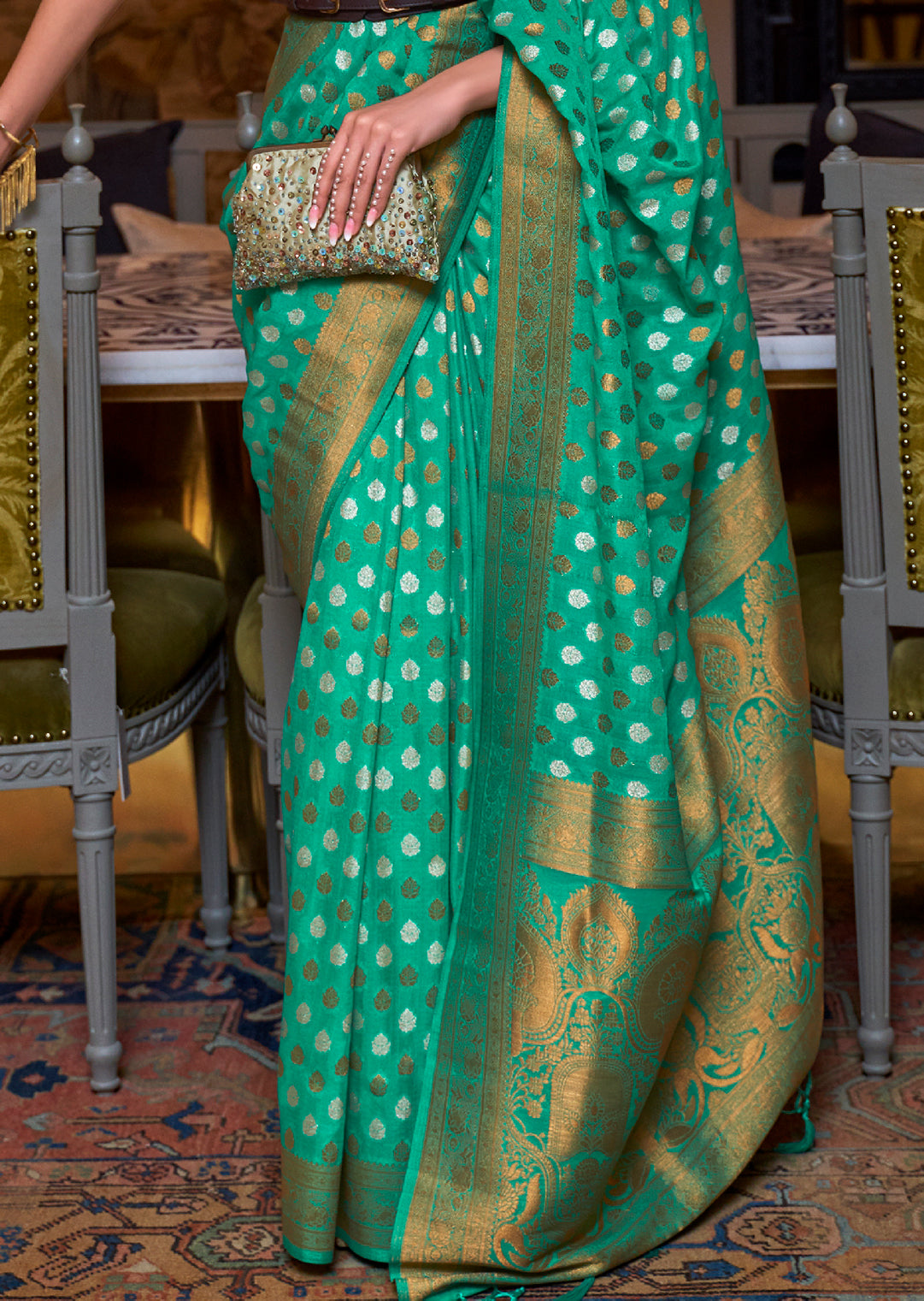 SEAFOAM GREEN	COPPER ZARI WOVEN PURE KHADDI GEORGETTE BANARASI SAREE