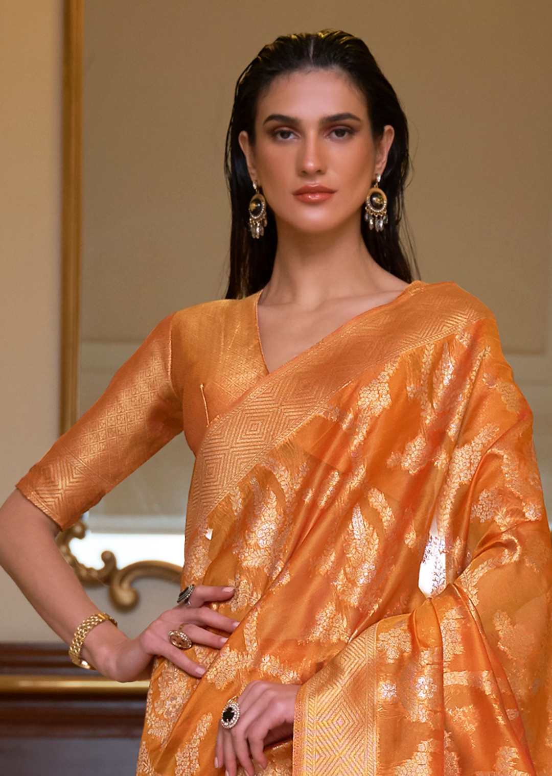 MUSTARD YELLOW ZARI WOVEN HANDLOOM ORGANZA SILK SAREE