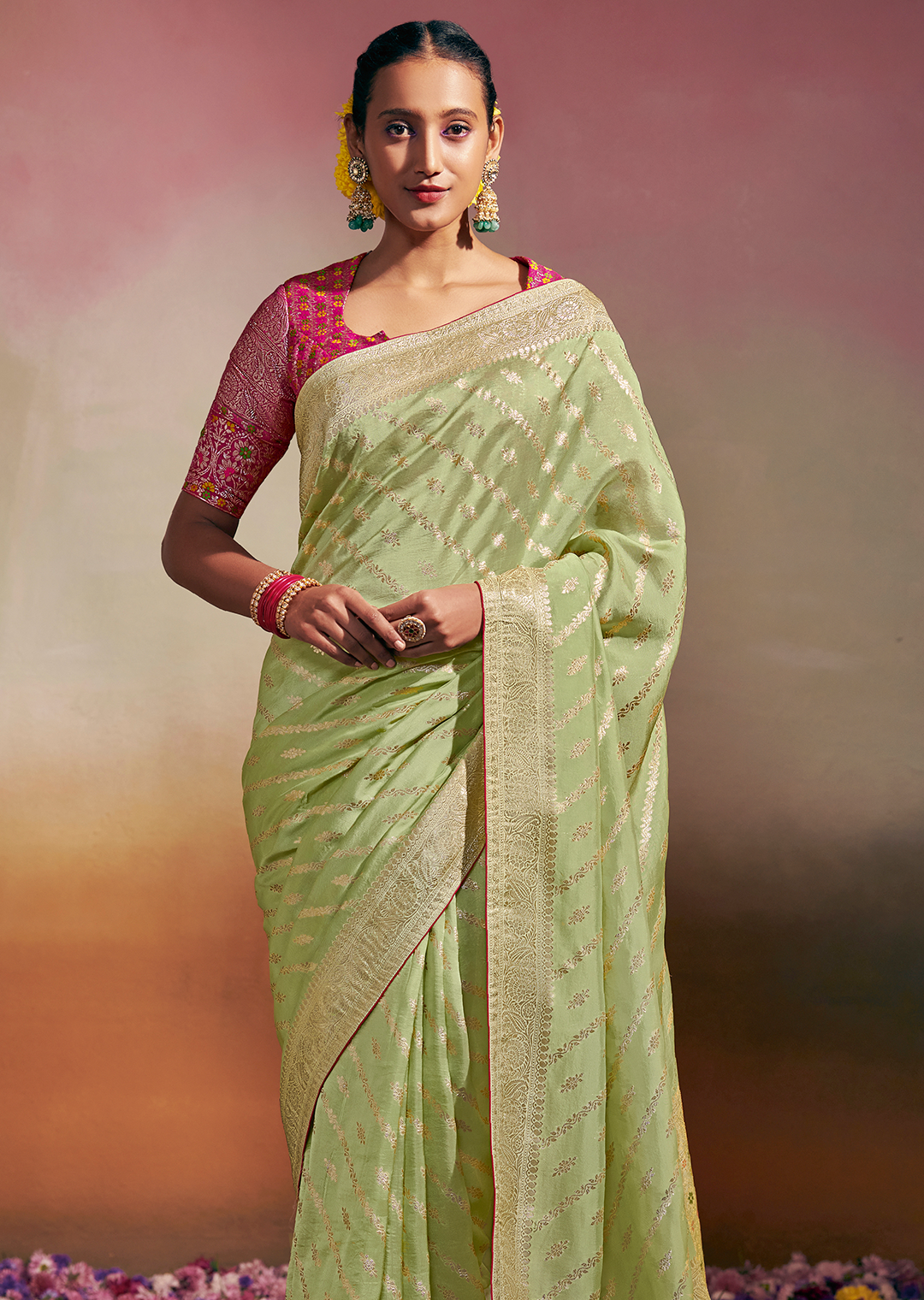 TEA GREEN WOVEN PURE CHINON CHIFFON DESIGNER SILK SAREE