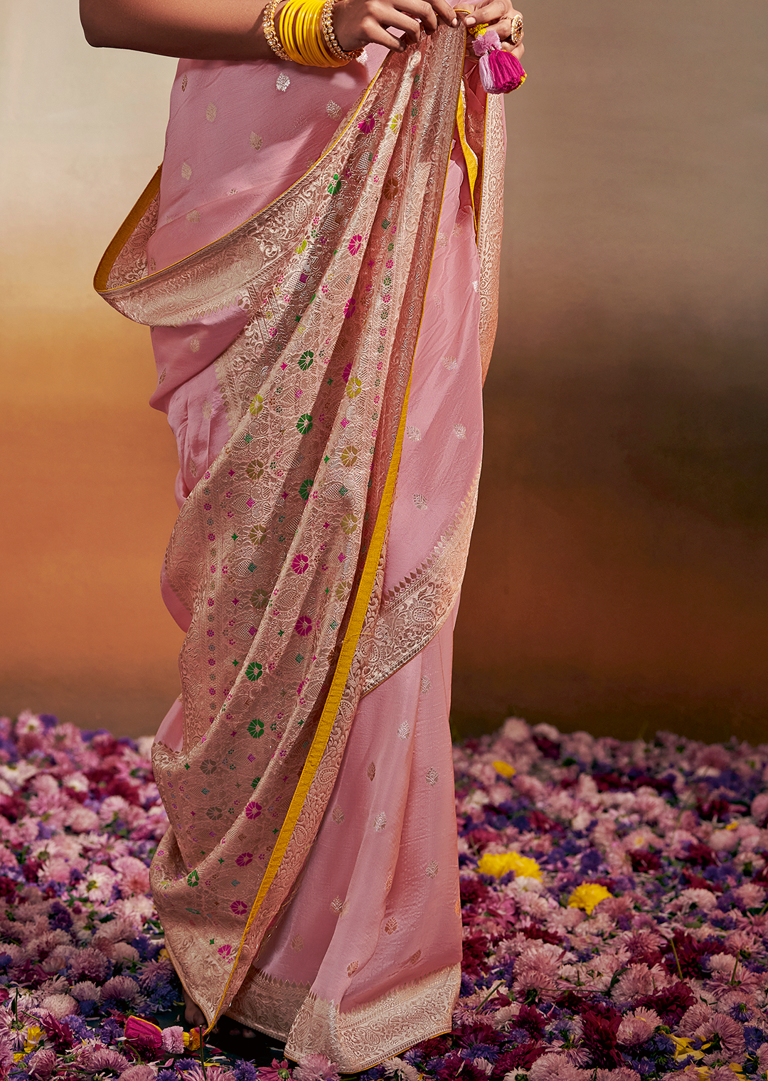 CREPE PINK	WOVEN PURE CHINON CHIFFON DESIGNER SILK SAREE