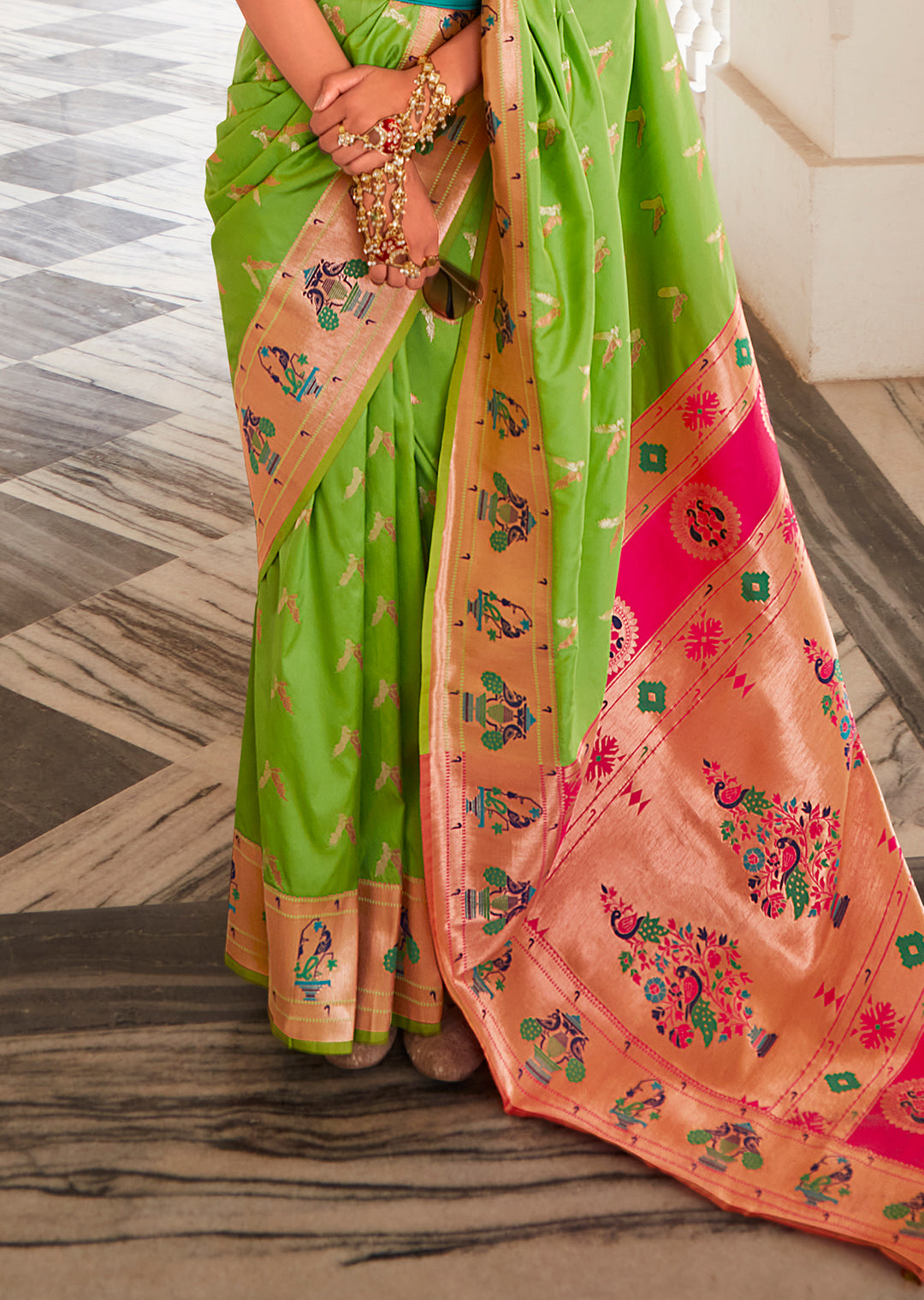 Parrot Green Copper Zari Woven Traditional Paithani Silk Saree