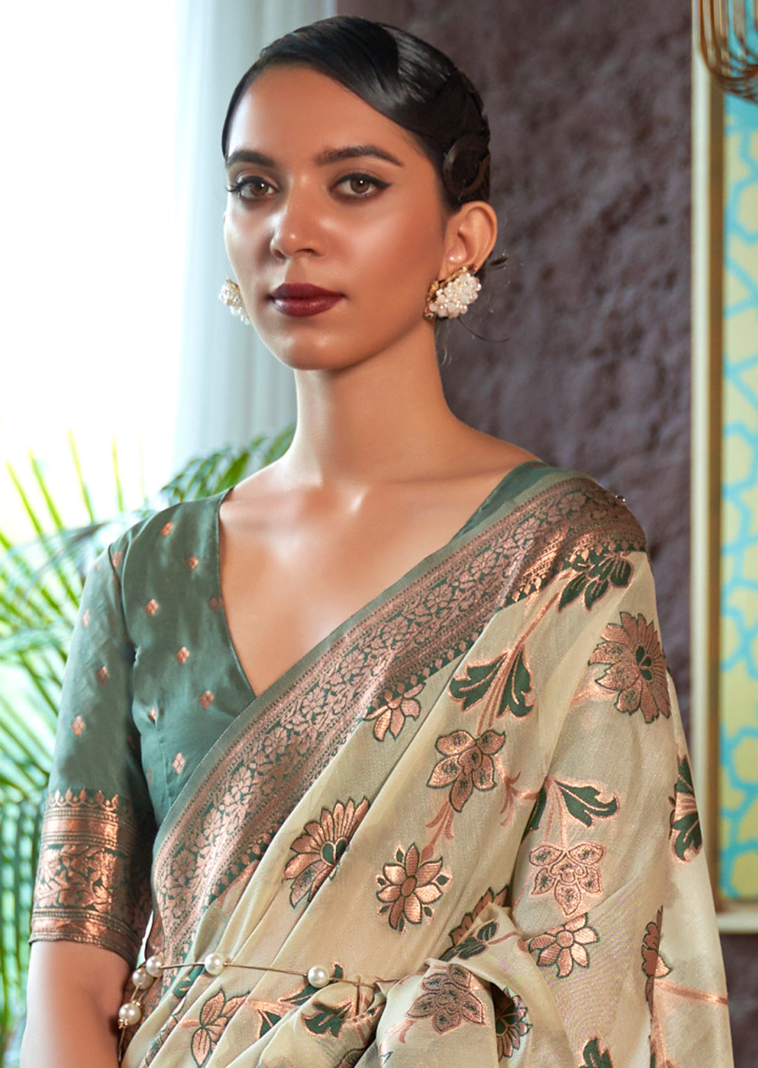 Tea Green Copper Zari Woven Pure Shimmer Organza Silk Saree